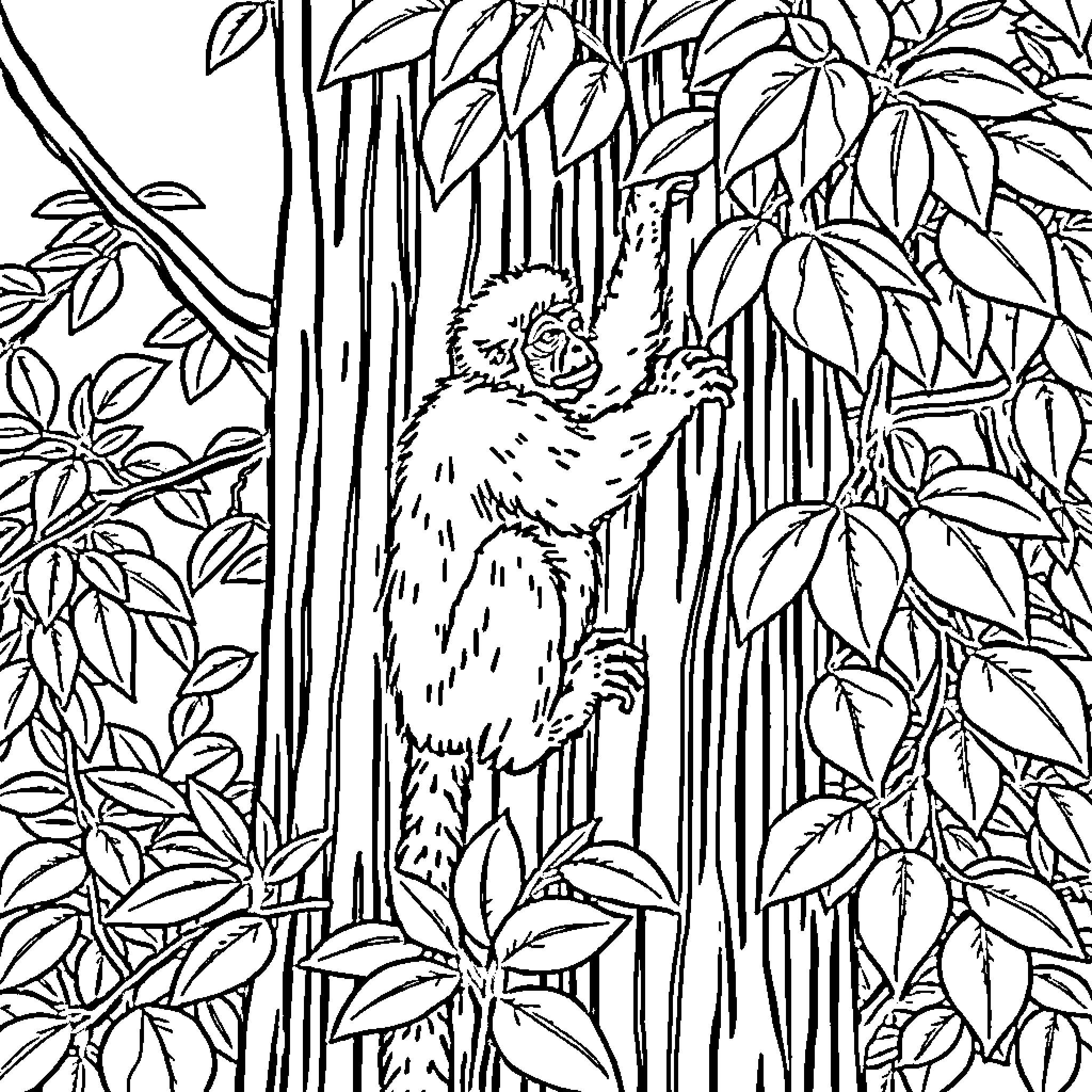 Gibbon swinging through lush jungle foliage Coloring Page (free black-and-white line drawing printable PDF for all, from beginners to advanced learners, including children, teens, adults, and seniors)