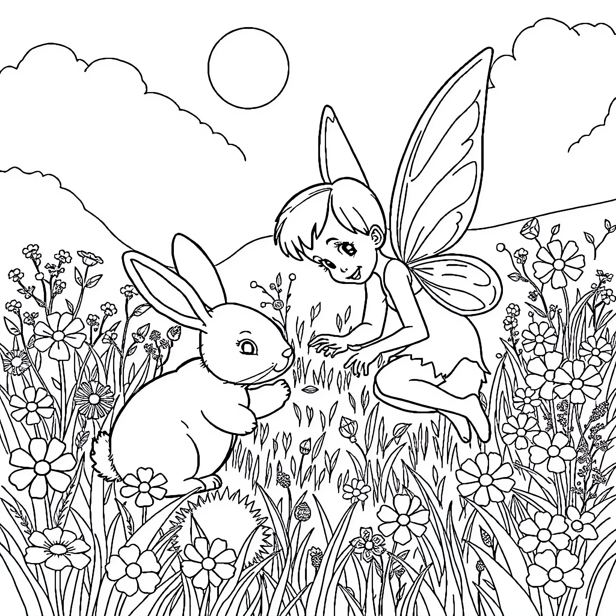 Tinkerbell and the Rabbit in a Flowery Meadow Coloring Page (free black-and-white line drawing printable PDF for all, from beginners to advanced learners, including children, teens, adults, and seniors)