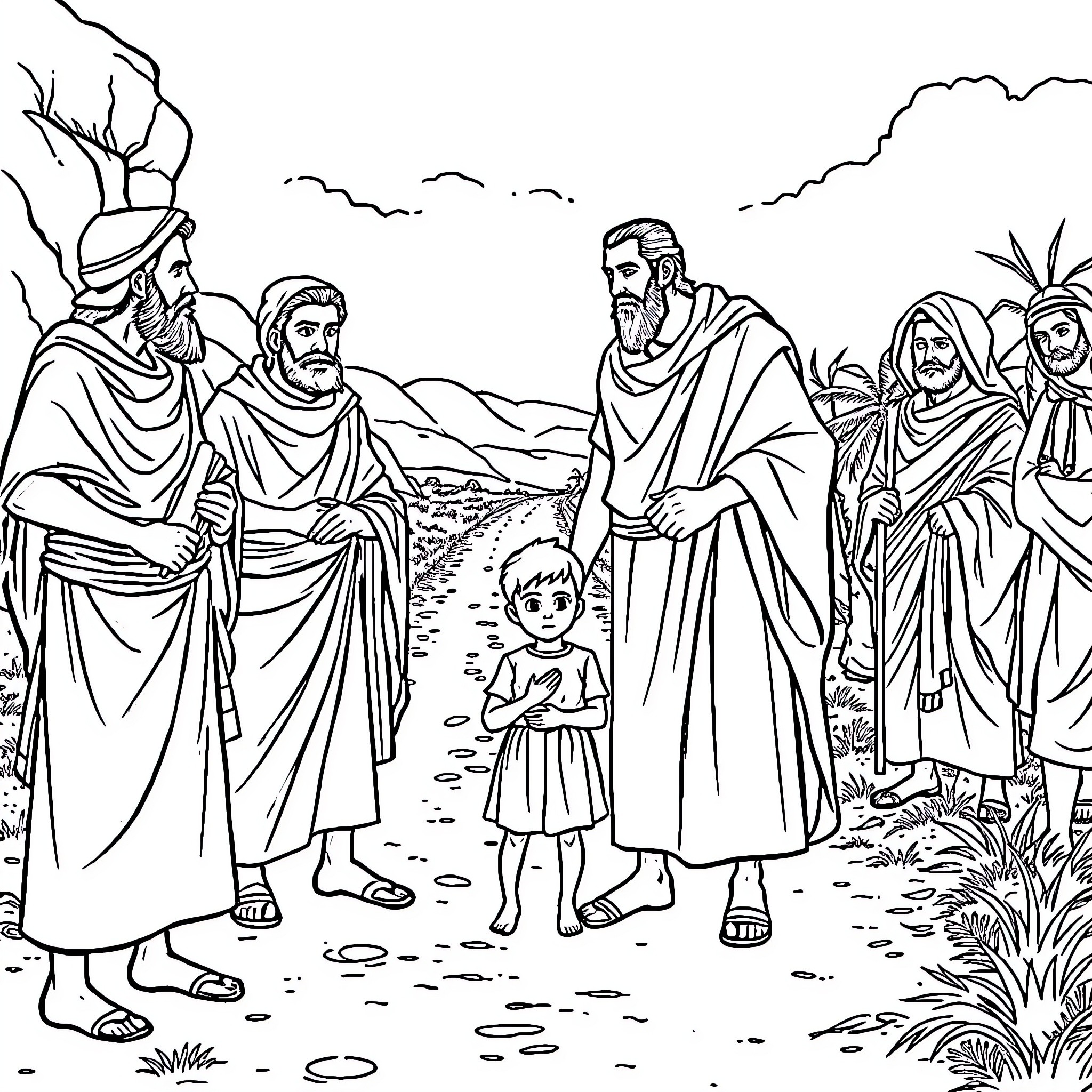 Joseph and the Family's Journey Through the Wilderness Coloring Page (free black-and-white line drawing printable PDF for all, from beginners to advanced learners, including children, teens, adults, and seniors)