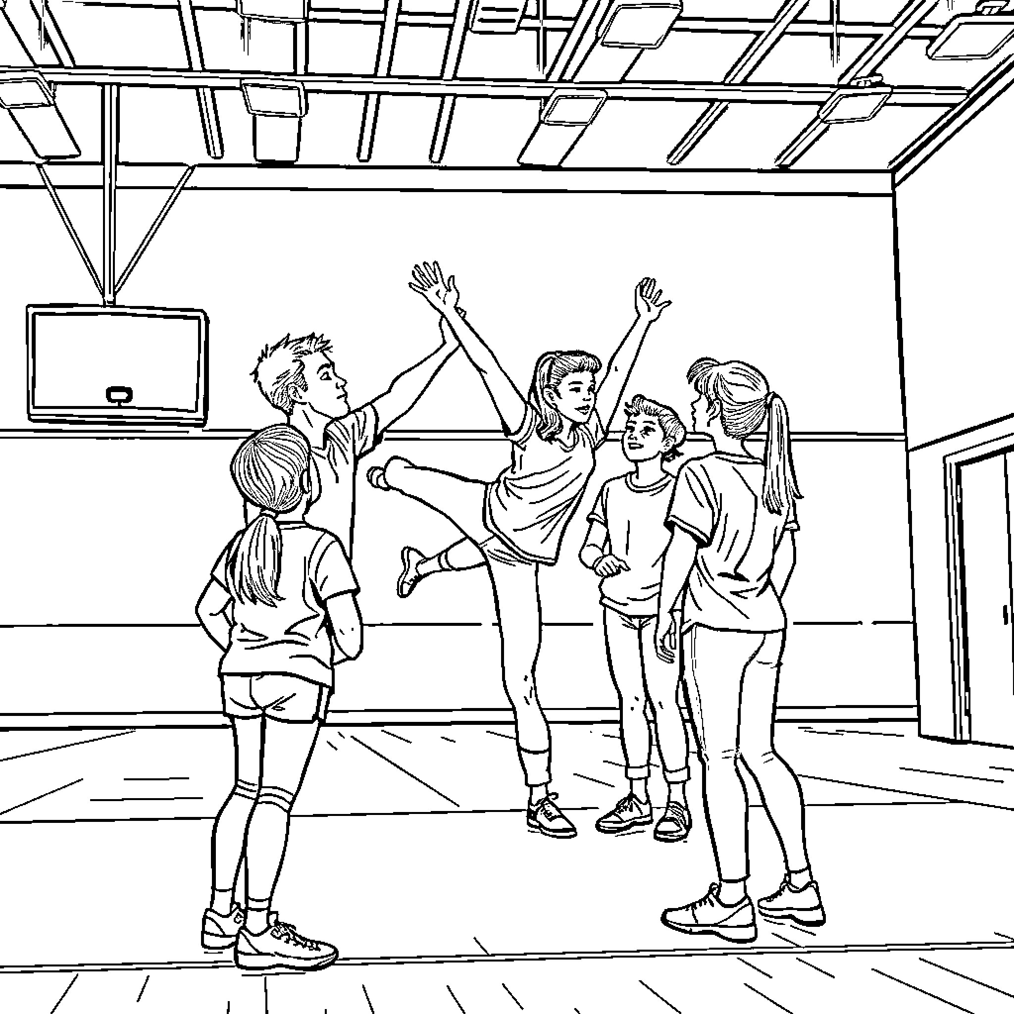 Professor leads active exercise class with students Coloring Page (free black-and-white line drawing printable PDF for all, from beginners to advanced learners, including children, teens, adults, and seniors)