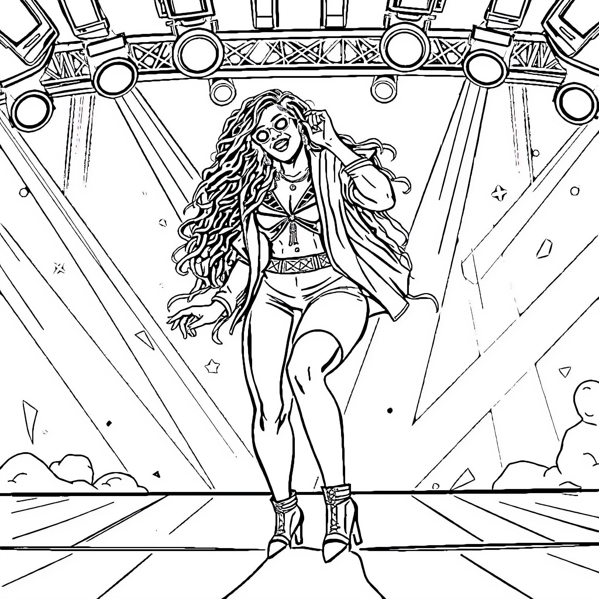 Cardi B performing on stage with elaborate lighting Coloring Page (free black-and-white line drawing printable PDF for all, from beginners to advanced learners, including children, teens, adults, and seniors)