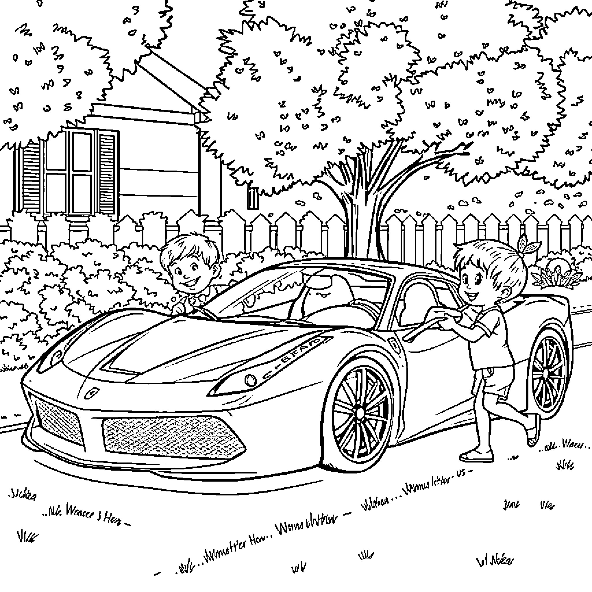 Child Playing with Car in Neighborhood Coloring Page (free black-and-white line drawing printable PDF for all, from beginners to advanced learners, including children, teens, adults, and seniors)
