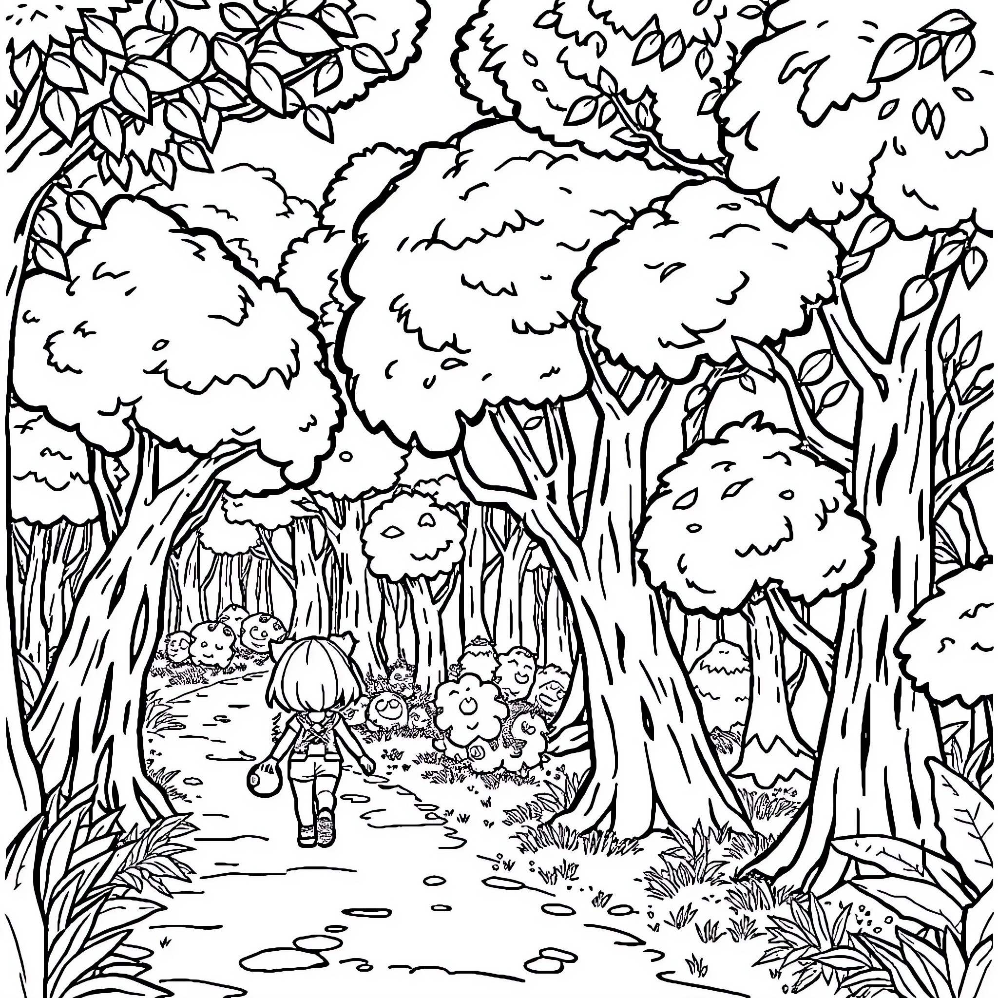 Colette's Enchanted Forest Adventure Coloring Page (free black-and-white line drawing printable PDF for all, from beginners to advanced learners, including children, teens, adults, and seniors)