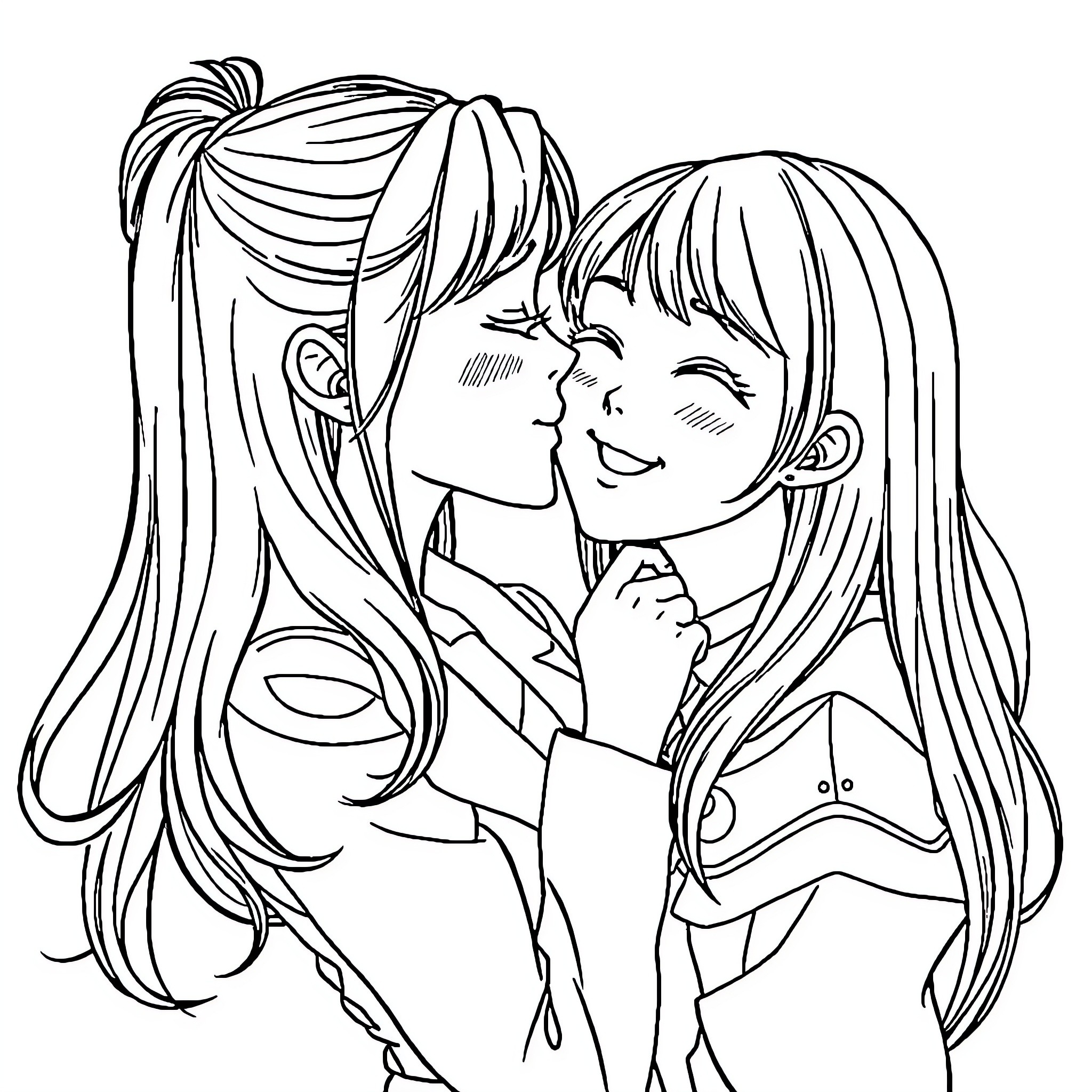 Girl's Affectionate Embrace with Friend Coloring Page (free black-and-white line drawing printable PDF for all, from beginners to advanced learners, including children, teens, adults, and seniors)