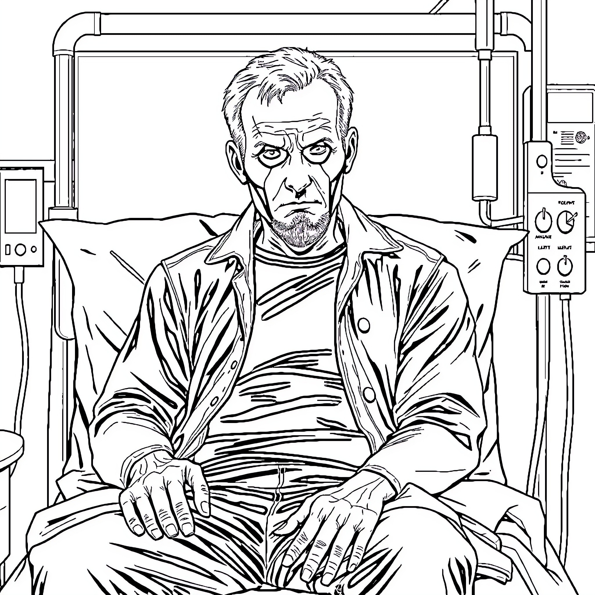 Billy's Somber Reflection in Medical Facility Coloring Page (free black-and-white line drawing printable PDF for all, from beginners to advanced learners, including children, teens, adults, and seniors)