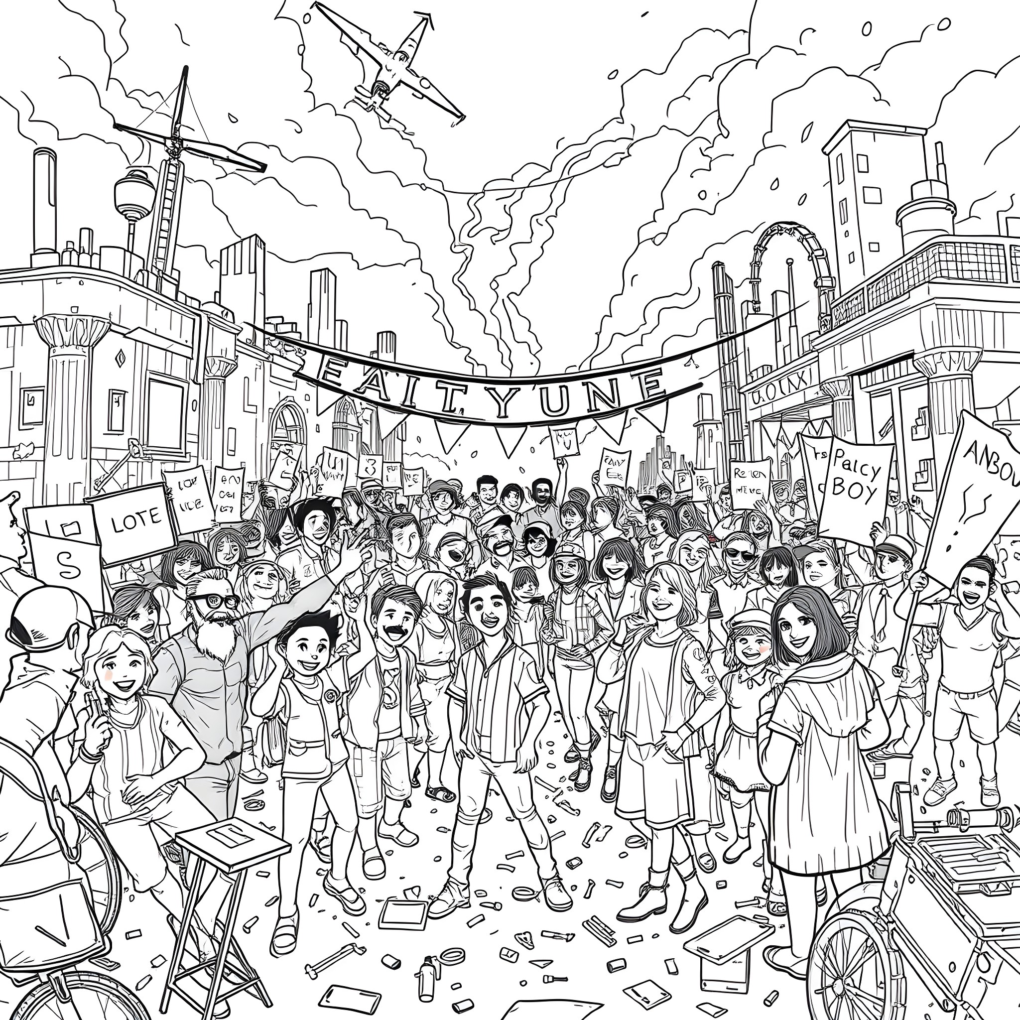 Party in the City Street Celebration Coloring Page (free black-and-white line drawing printable PDF for all, from beginners to advanced learners, including children, teens, adults, and seniors)