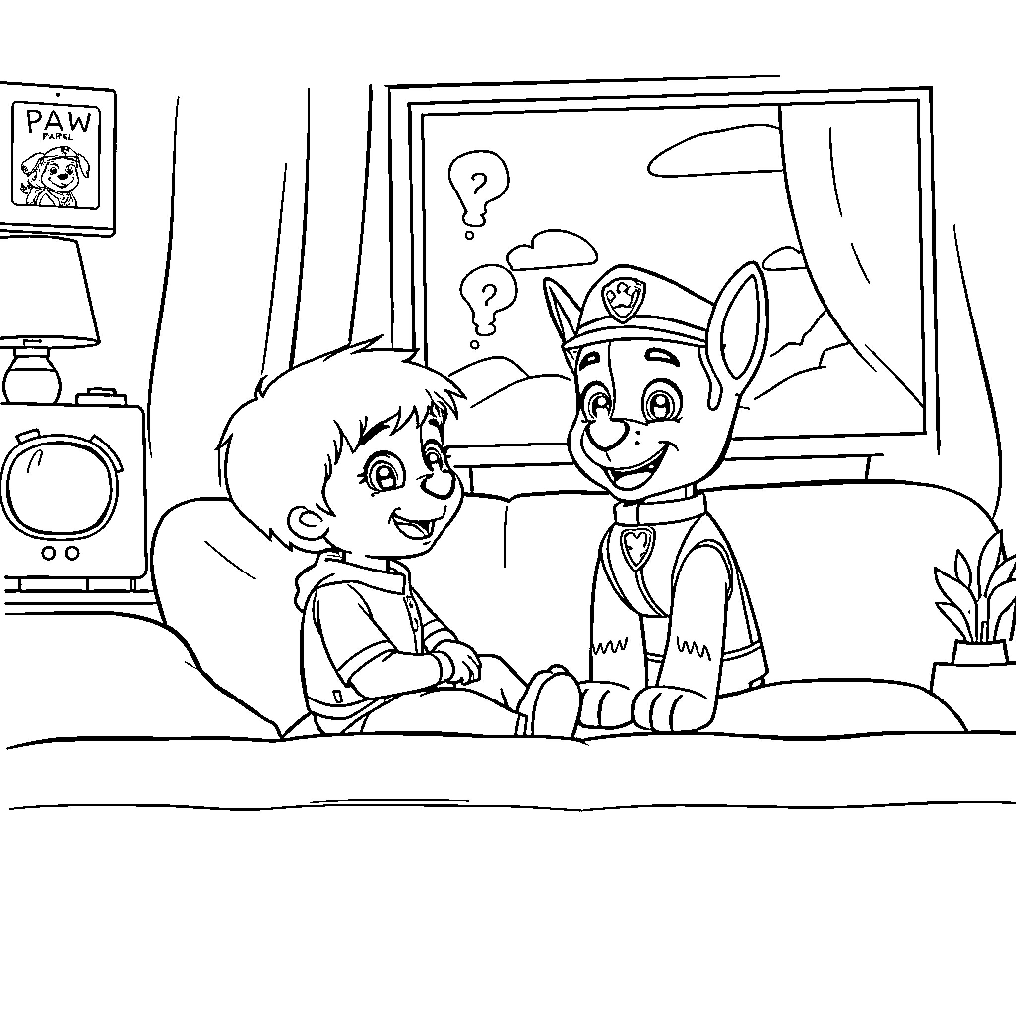 Paw Patrol characters interacting in indoor scene Coloring Page (free black-and-white line drawing printable PDF for all, from beginners to advanced learners, including children, teens, adults, and seniors)
