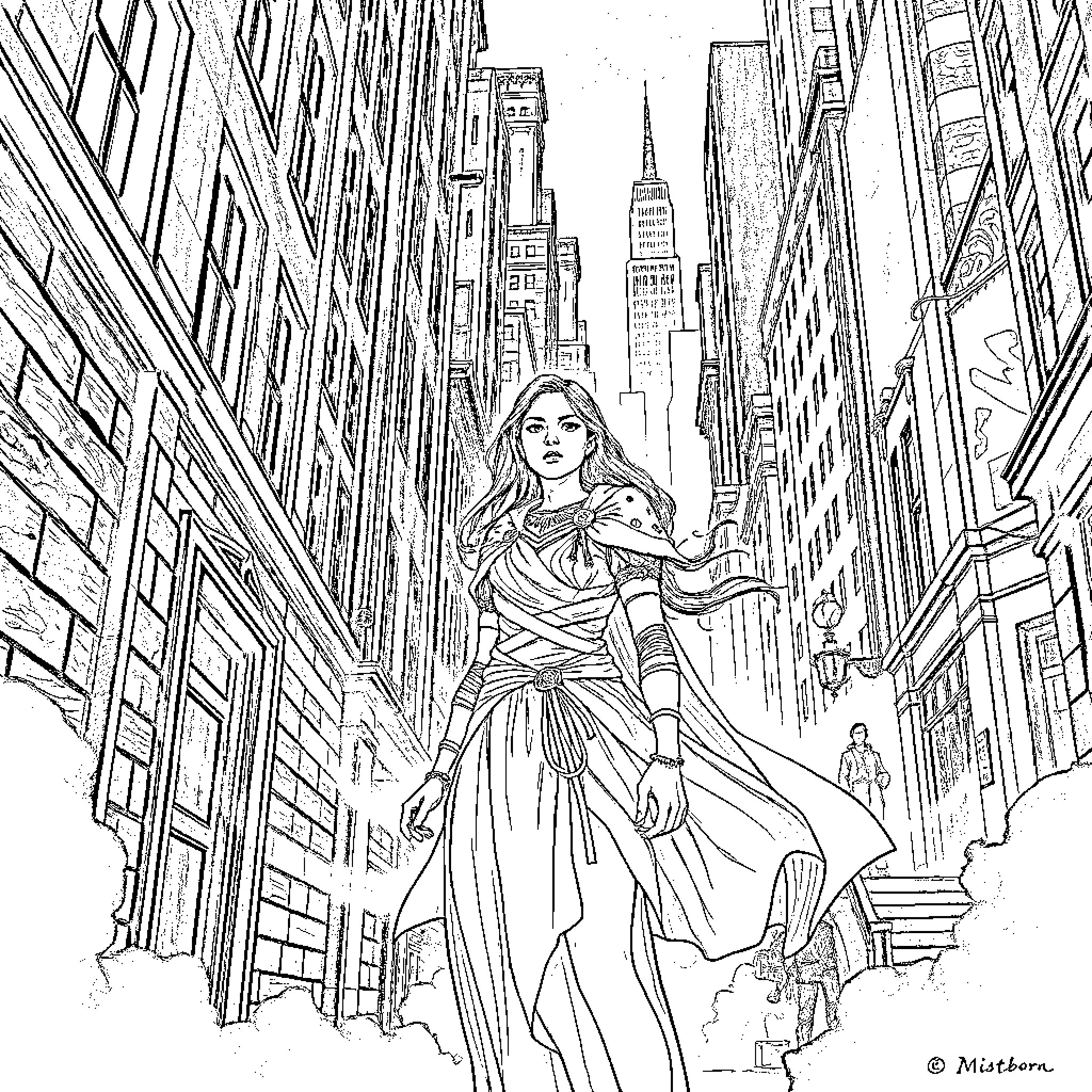Mistborn: Heroine in action within cityscape Coloring Page (free black-and-white line drawing printable PDF for all, from beginners to advanced learners, including children, teens, adults, and seniors)