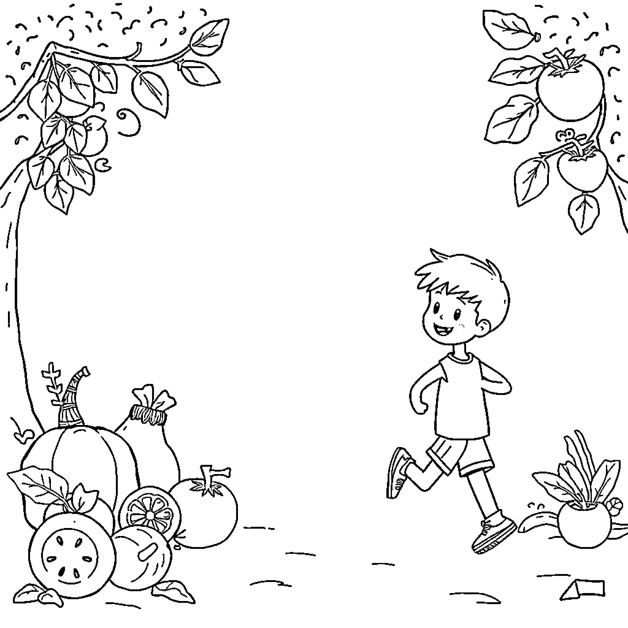 Food Fun: Exploring Playful Scenes with Fruits and Figures Coloring Page (free black-and-white line drawing printable PDF for all, from beginners to advanced learners, including children, teens, adults, and seniors)