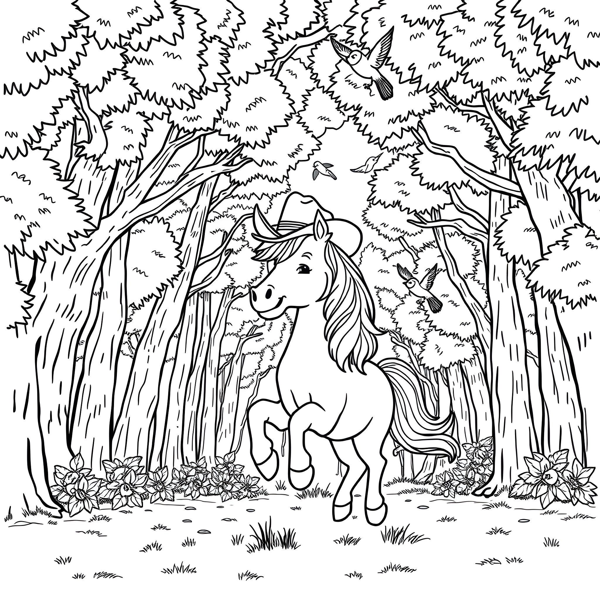 Pony in the Enchanted Forest Coloring Page (free black-and-white line drawing printable PDF for all, from beginners to advanced learners, including children, teens, adults, and seniors)