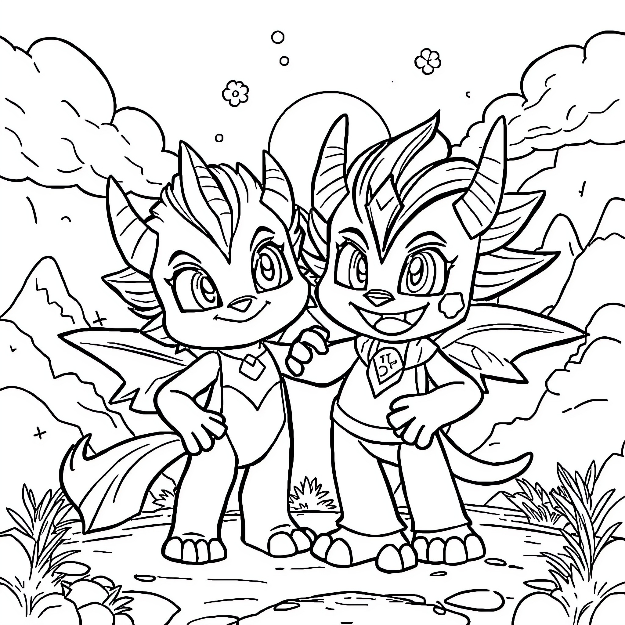 Digimon Duo Exploring the Magical Forest Coloring Page (free black-and-white line drawing printable PDF for all, from beginners to advanced learners, including children, teens, adults, and seniors)
