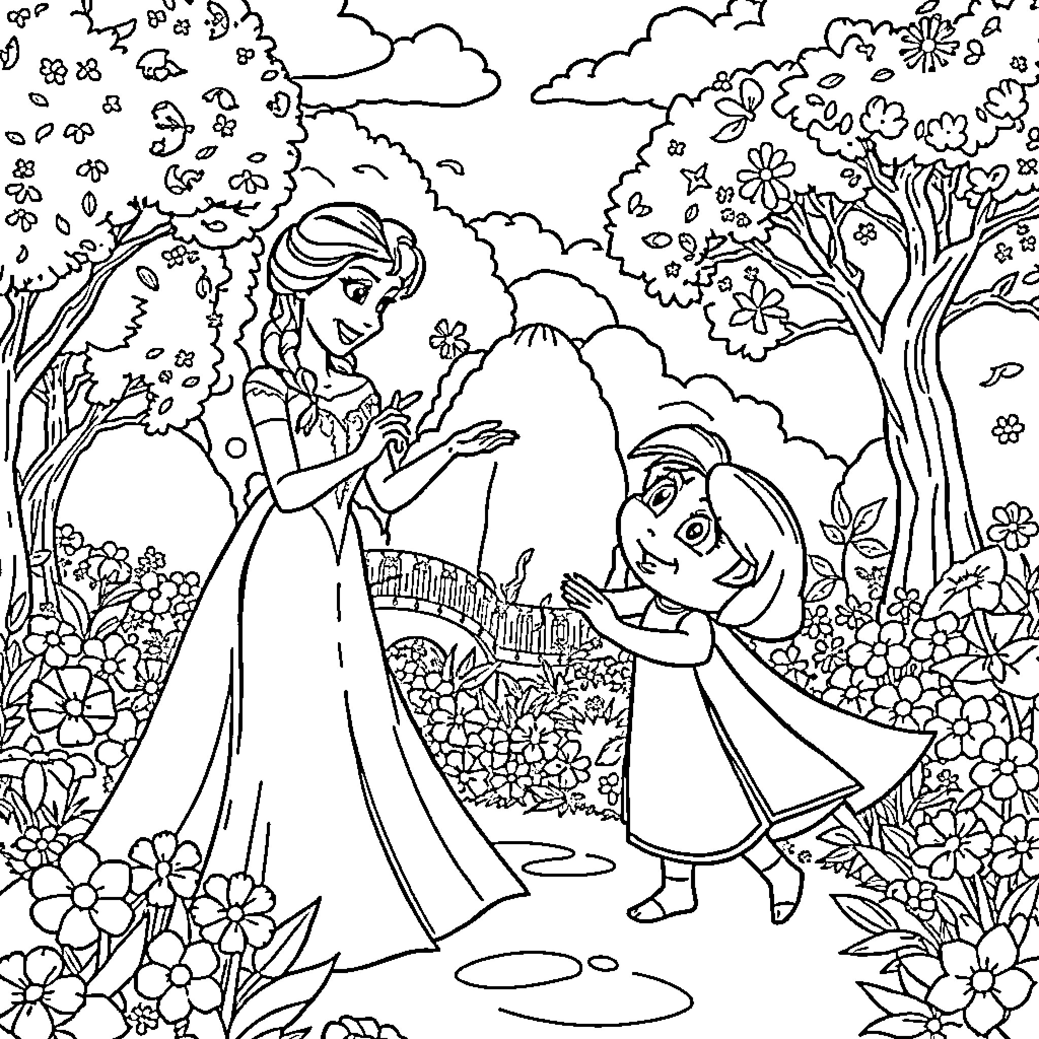 Elsa's Joyful Nature Walk with Young Companion Coloring Page (free black-and-white line drawing printable PDF for all, from beginners to advanced learners, including children, teens, adults, and seniors)