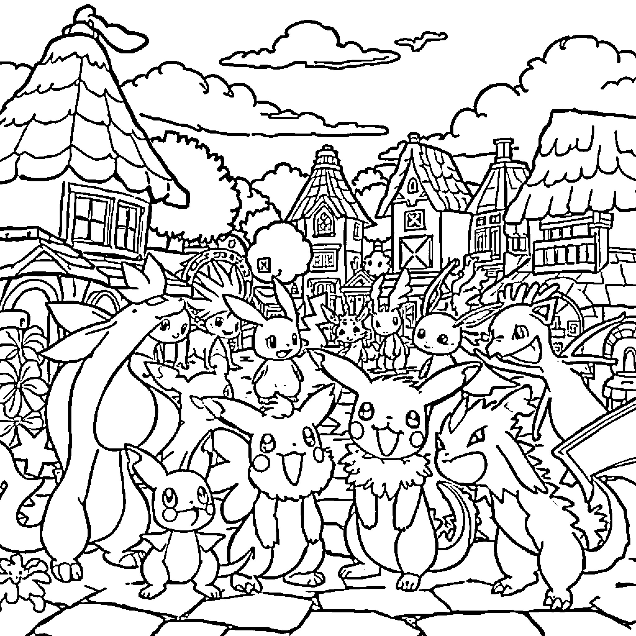Pokémon gathering in a whimsical village landscape Coloring Page (free black-and-white line drawing printable PDF for all, from beginners to advanced learners, including children, teens, adults, and seniors)