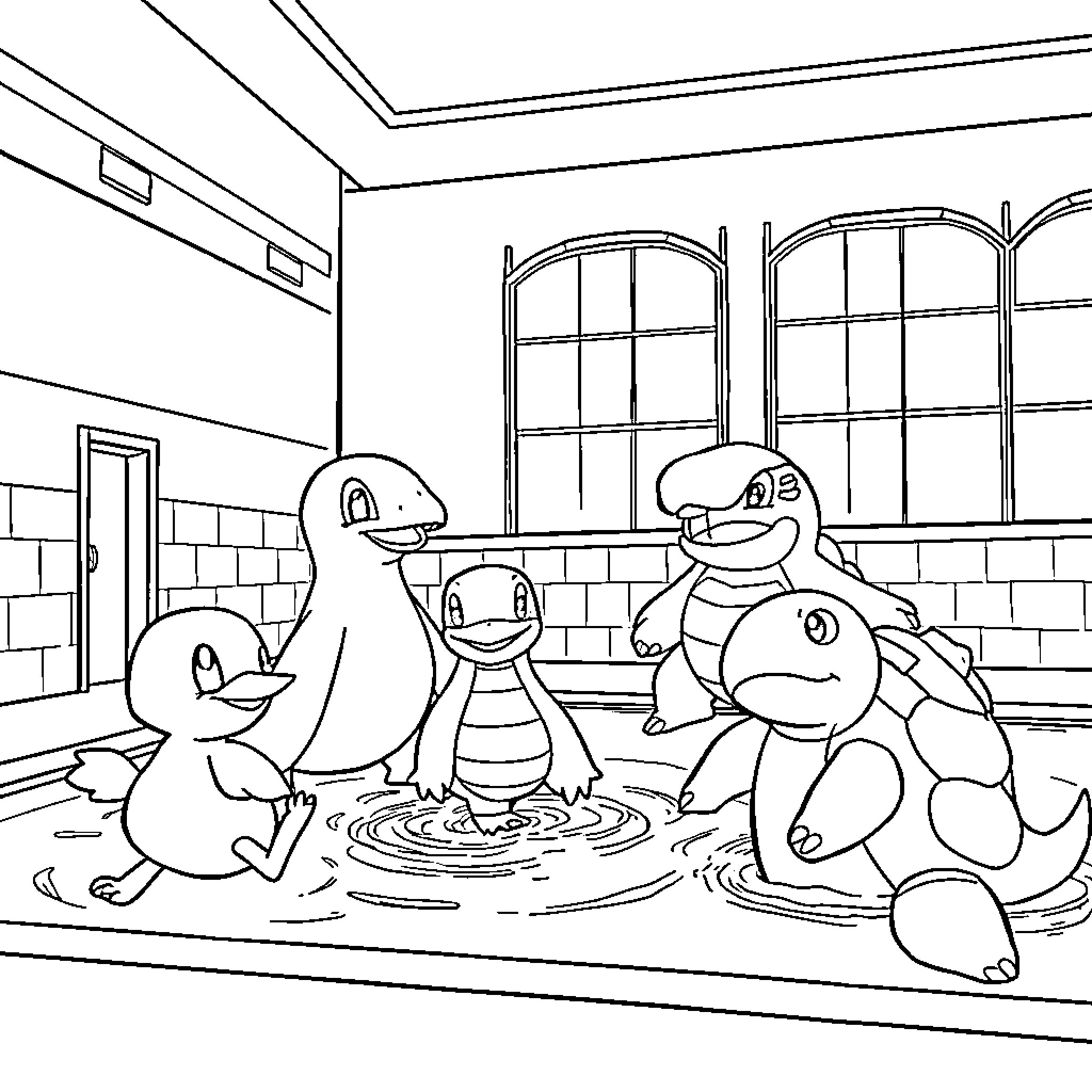 Water Type Pokémon playing in a cozy indoor setting Coloring Page (free black-and-white line drawing printable PDF for all, from beginners to advanced learners, including children, teens, adults, and seniors)