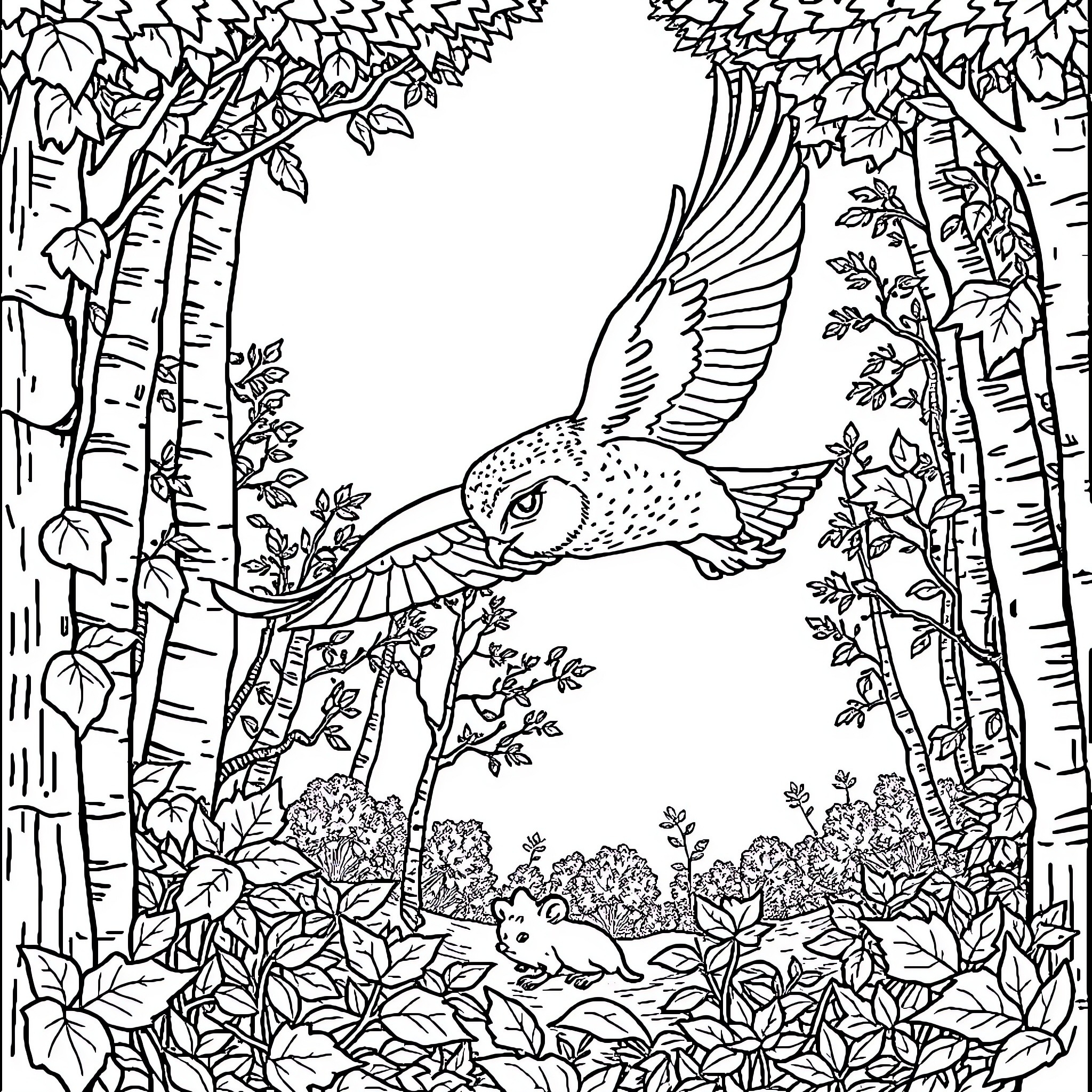 Owl soaring through the enchanted forest Coloring Page (free black-and-white line drawing printable PDF for all, from beginners to advanced learners, including children, teens, adults, and seniors)