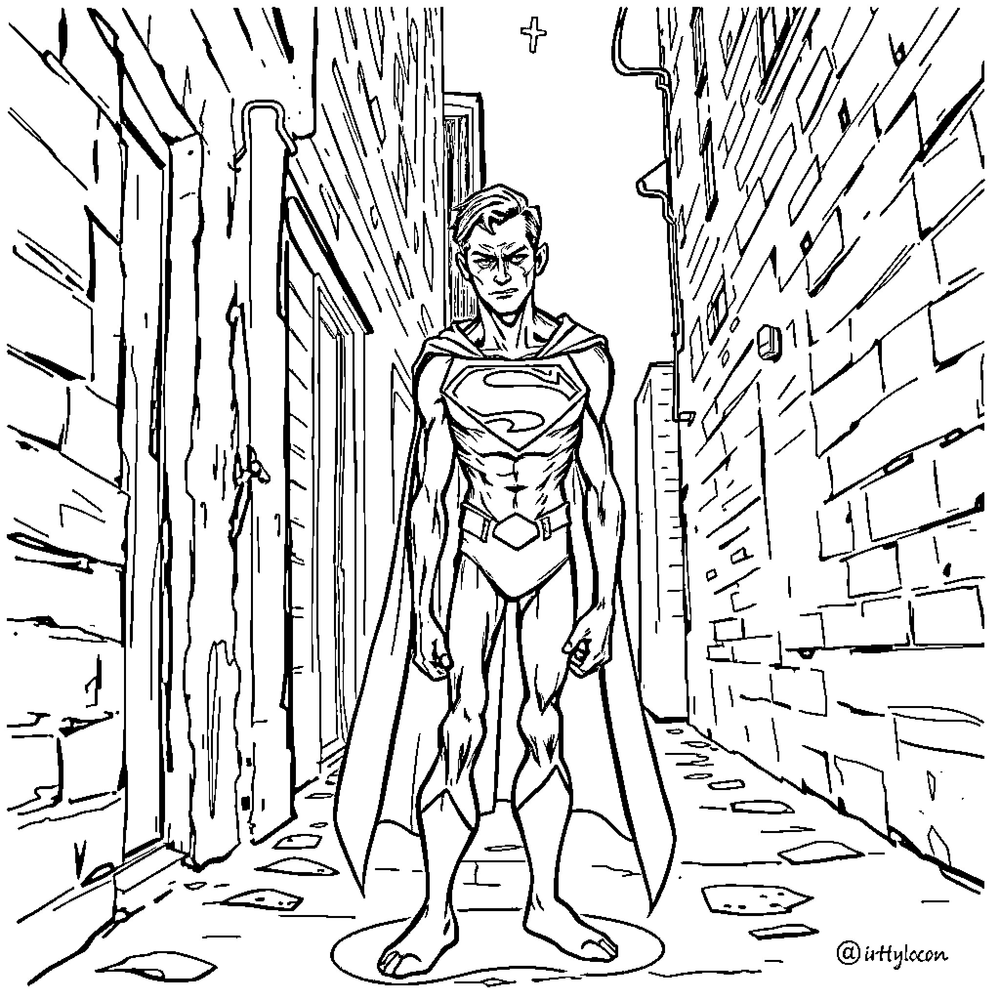 Superman in action pose on urban street Coloring Page (free black-and-white line drawing printable PDF for all, from beginners to advanced learners, including children, teens, adults, and seniors)
