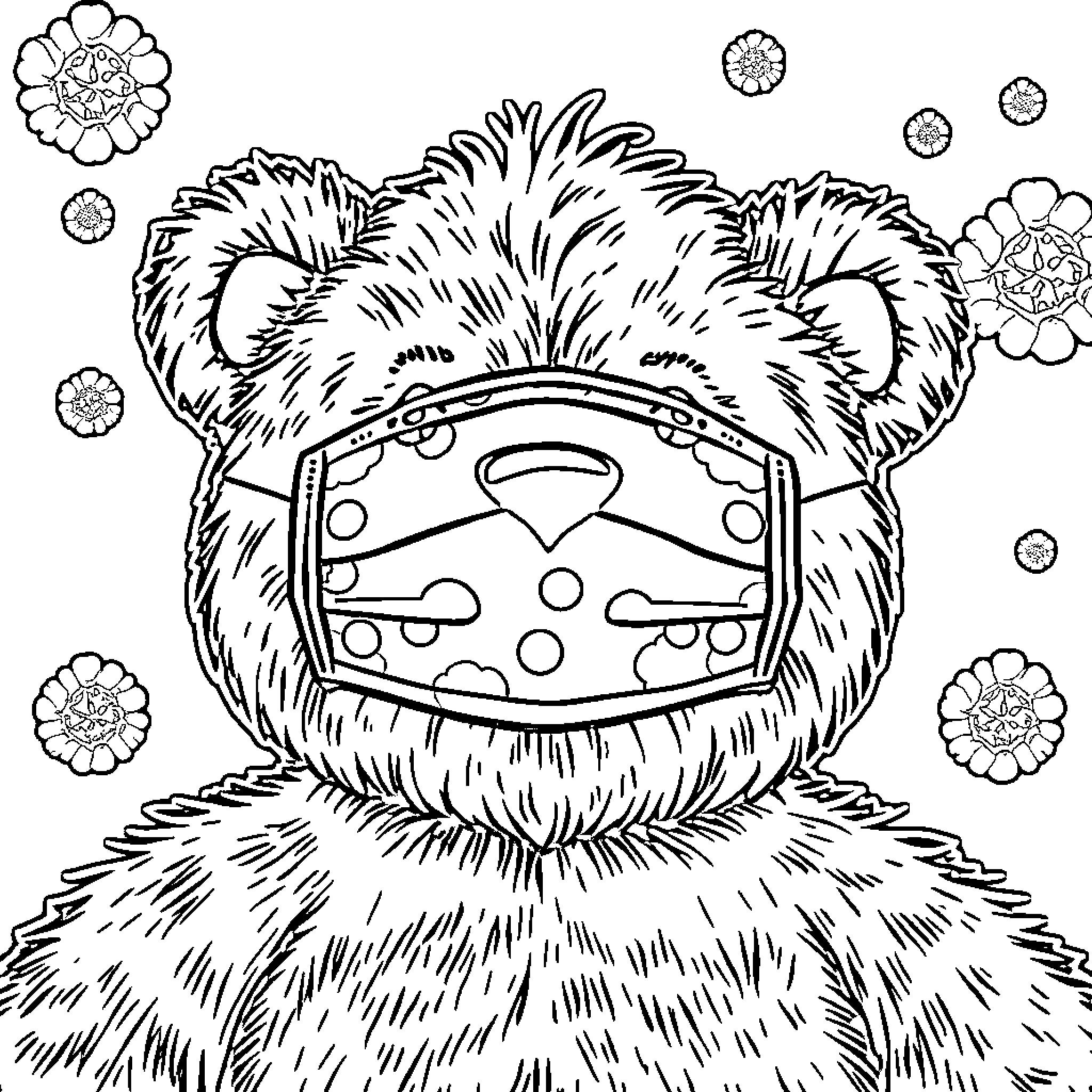 Teddy Bear in Whimsical Floral Pattern Coloring Page (free black-and-white line drawing printable PDF for all, from beginners to advanced learners, including children, teens, adults, and seniors)