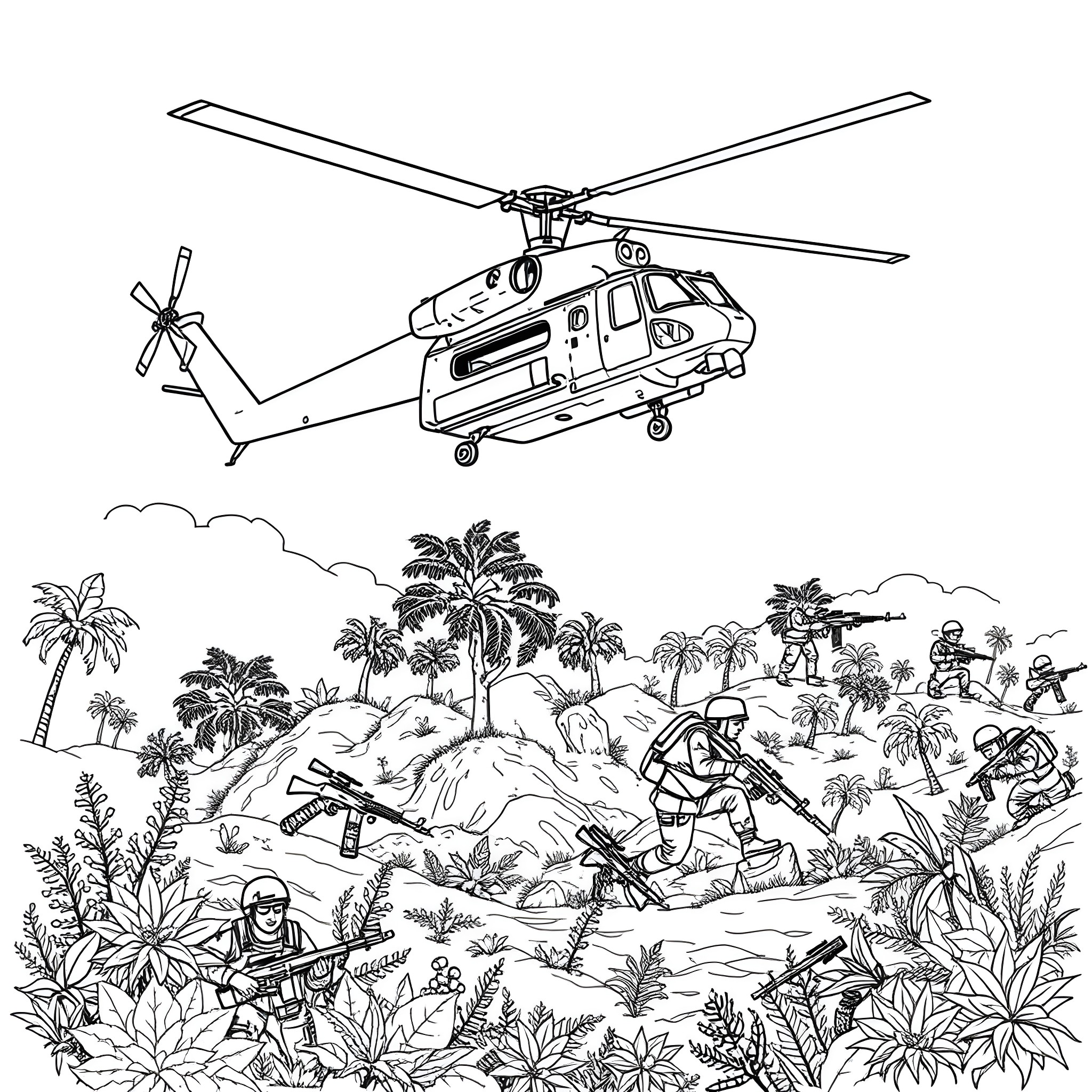 Helicopter assisting military operations in jungle combat Coloring Page (free black-and-white line drawing printable PDF for all, from beginners to advanced learners, including children, teens, adults, and seniors)