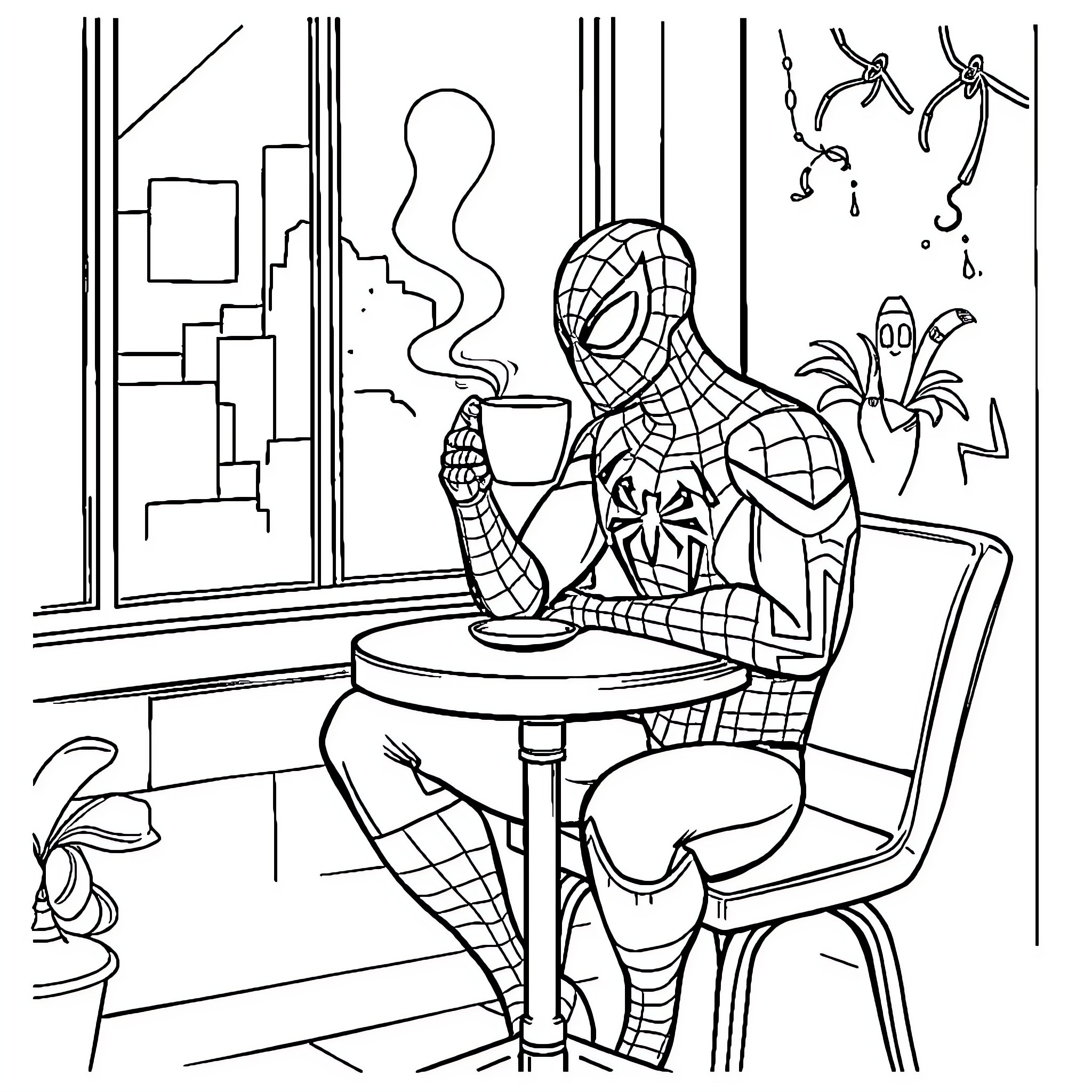 Spider-Man enjoying a cup of coffee in a cafe Coloring Page (free black-and-white line drawing printable PDF for all, from beginners to advanced learners, including children, teens, adults, and seniors)