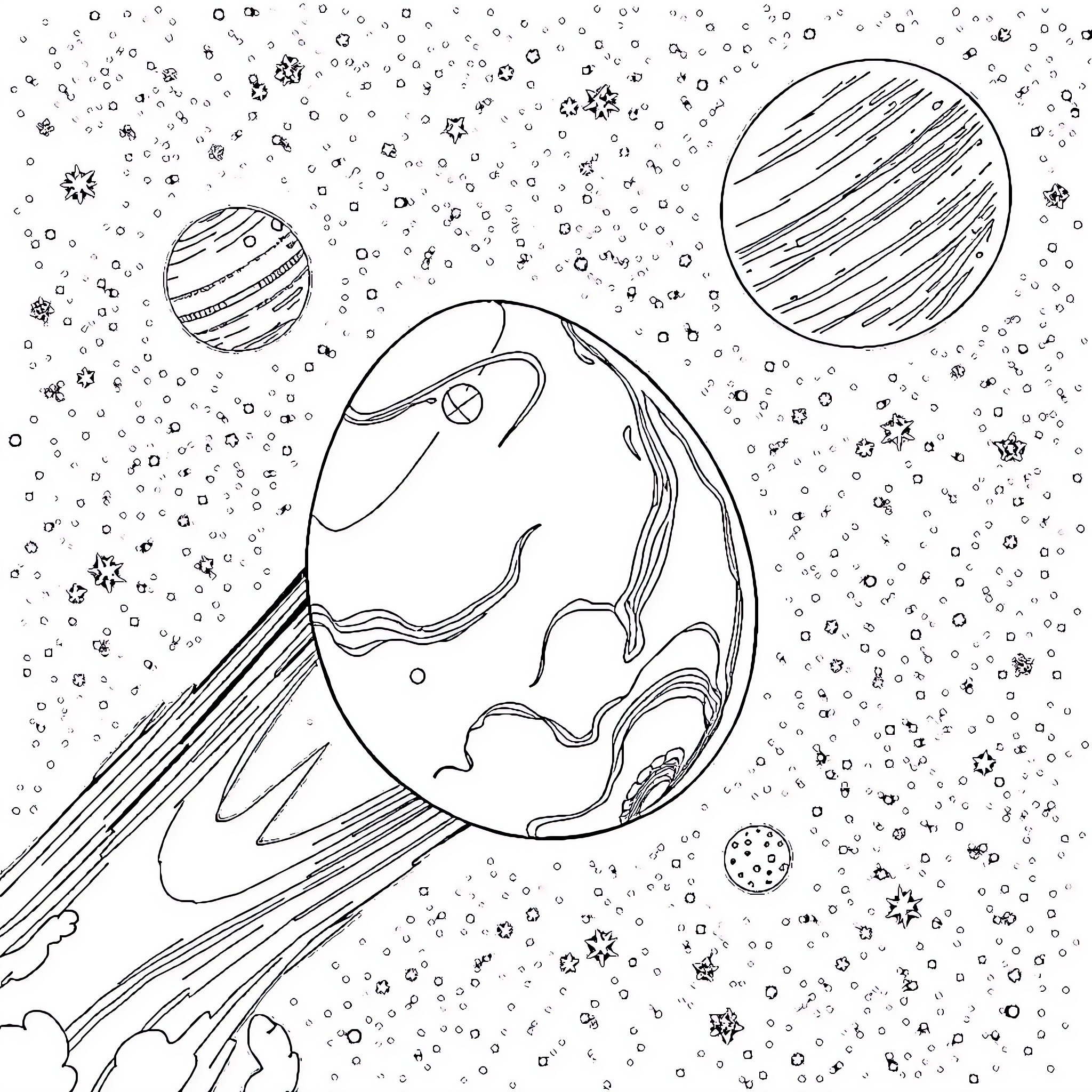 Egg Floating in Cosmic Space with Planets Coloring Page (free black-and-white line drawing printable PDF for all, from beginners to advanced learners, including children, teens, adults, and seniors)
