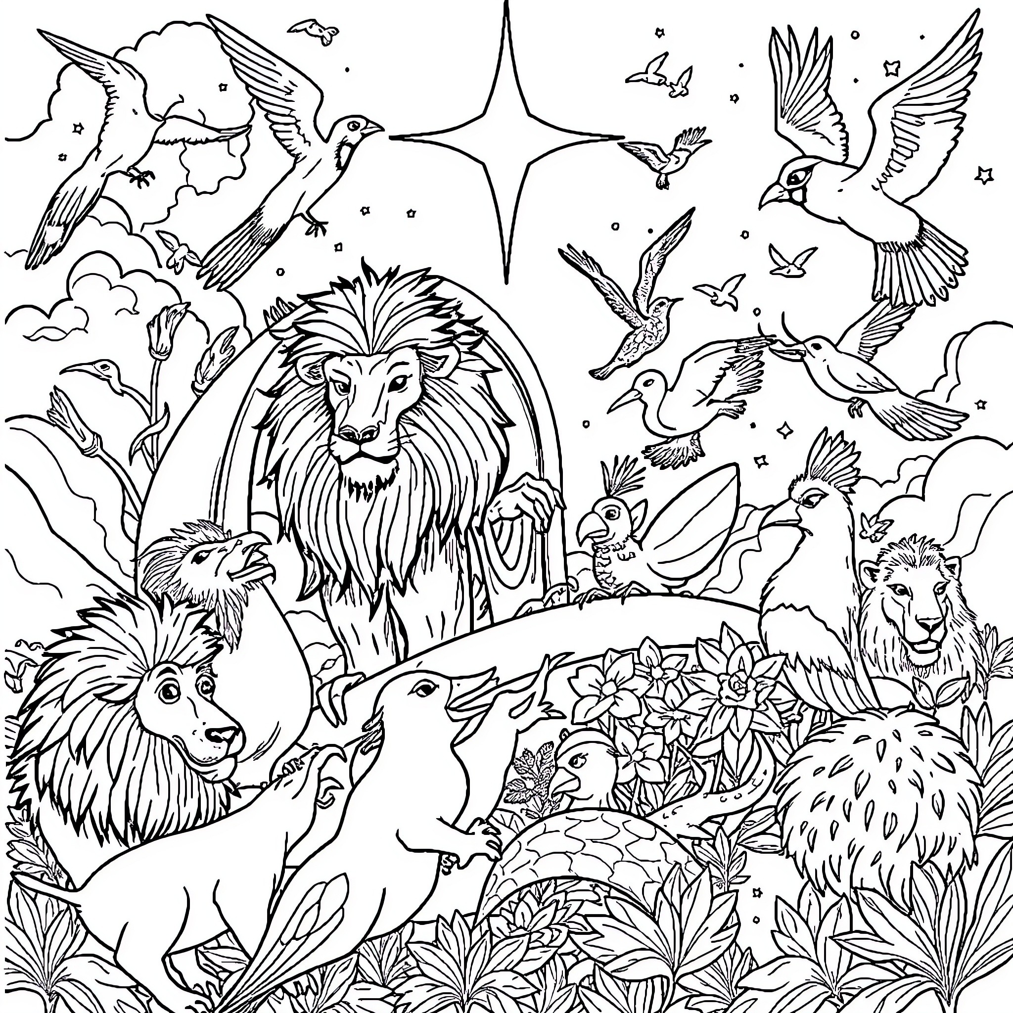 Noah's Ark Filled with Diverse Wildlife and Celestial Wonders Coloring Page (free black-and-white line drawing printable PDF for all, from beginners to advanced learners, including children, teens, adults, and seniors)