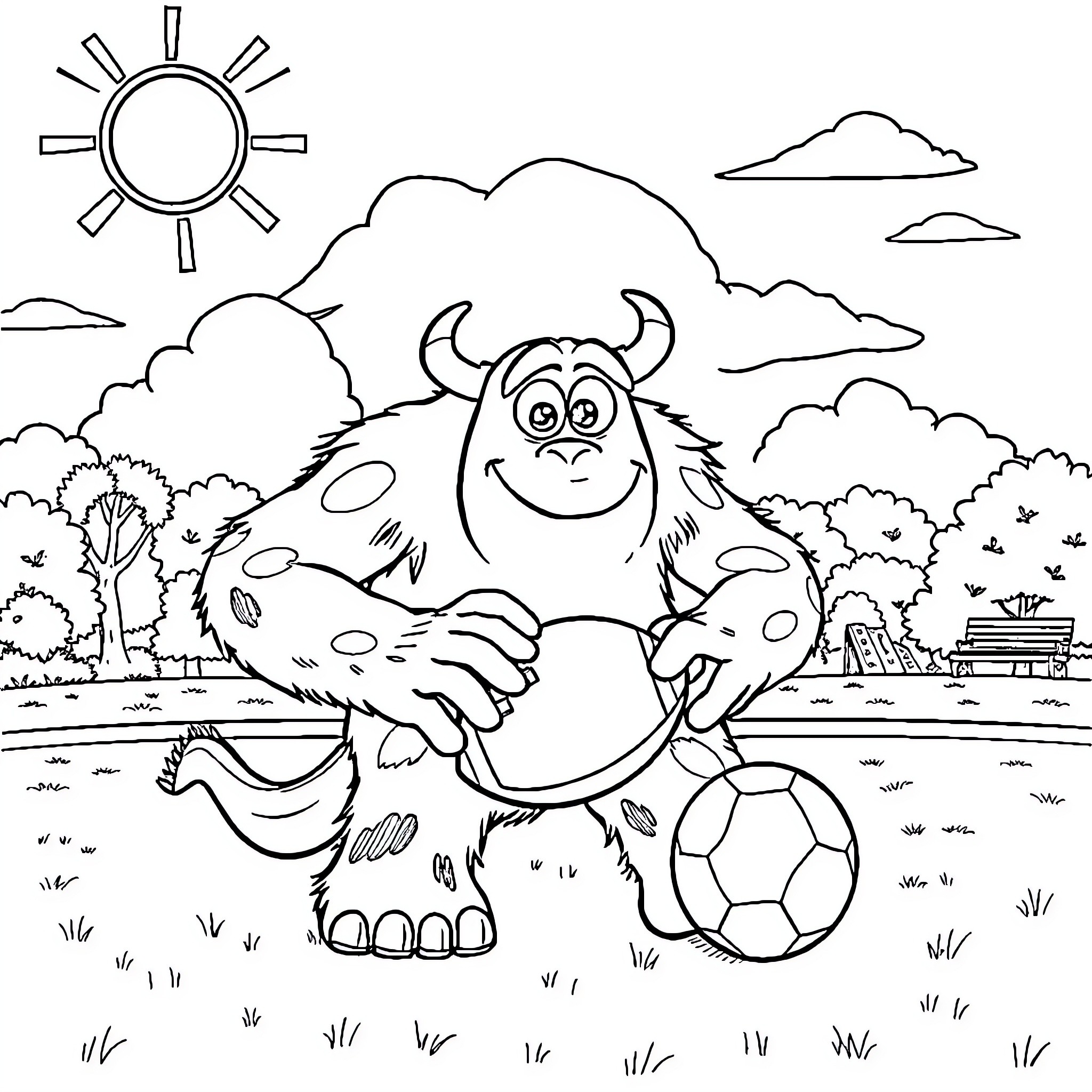 Sulley playing with a soccer ball in the park Coloring Page (free black-and-white line drawing printable PDF for all, from beginners to advanced learners, including children, teens, adults, and seniors)