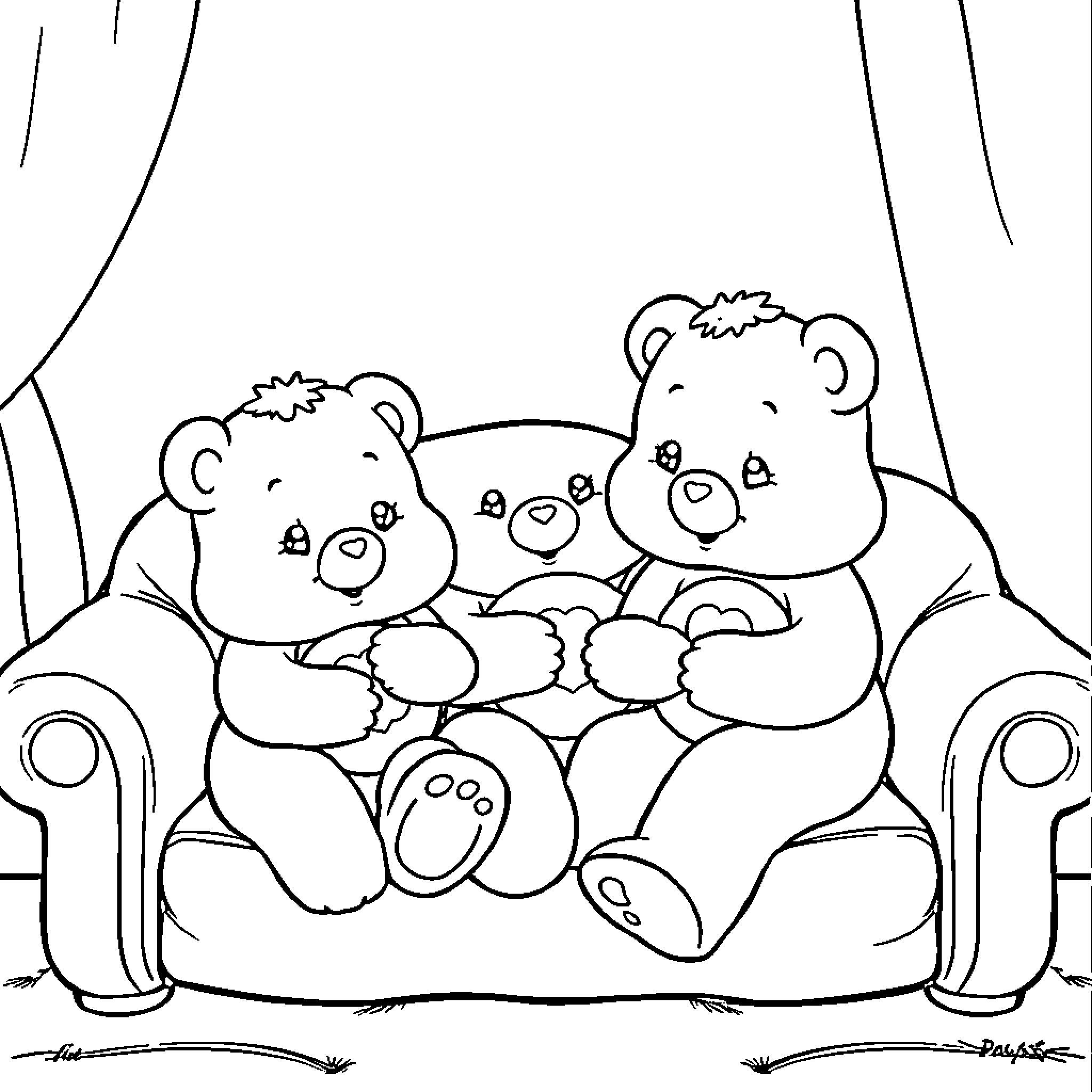 Care Bear friends cuddling on the couch Coloring Page (free black-and-white line drawing printable PDF for all, from beginners to advanced learners, including children, teens, adults, and seniors)