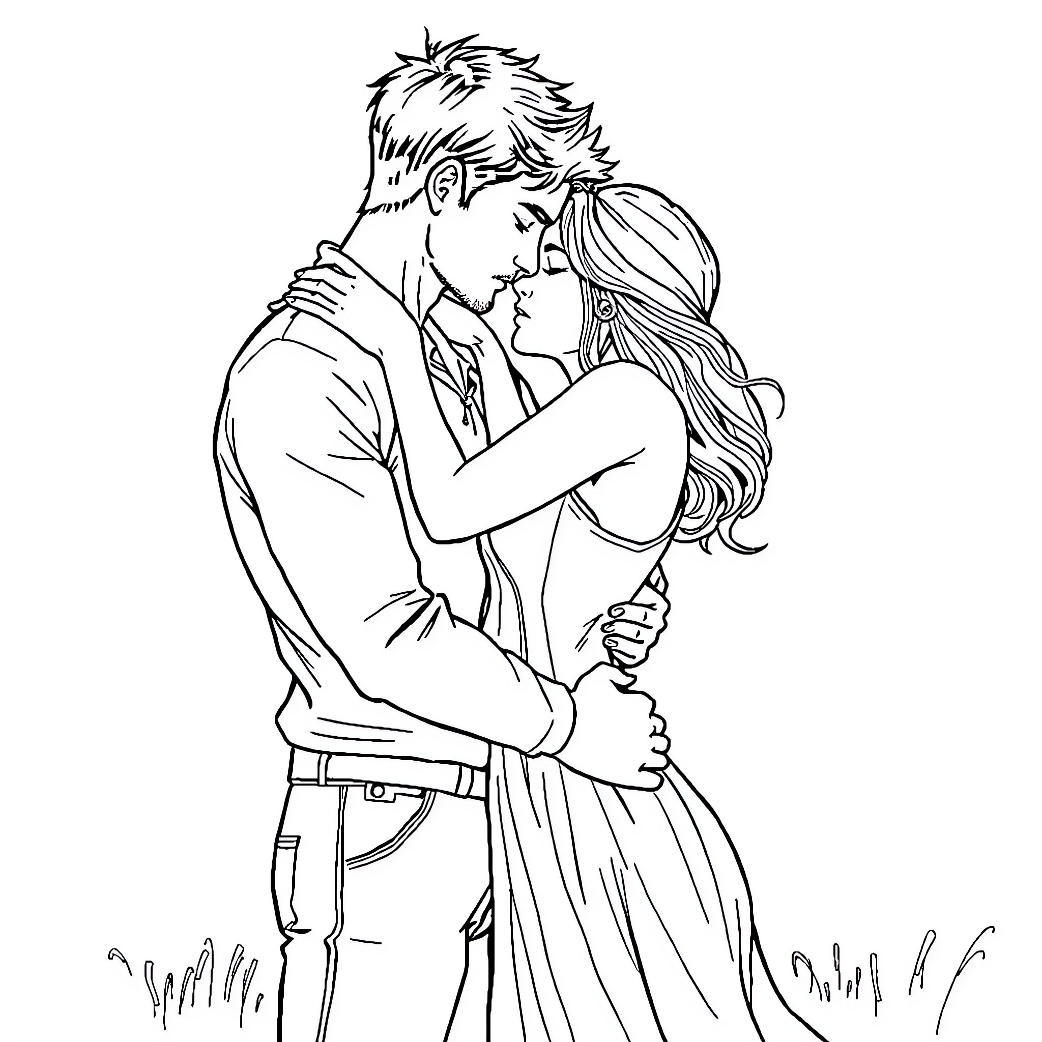 Person embracing affectionately in intimate moment Coloring Page (free black-and-white line drawing printable PDF for all, from beginners to advanced learners, including children, teens, adults, and seniors)