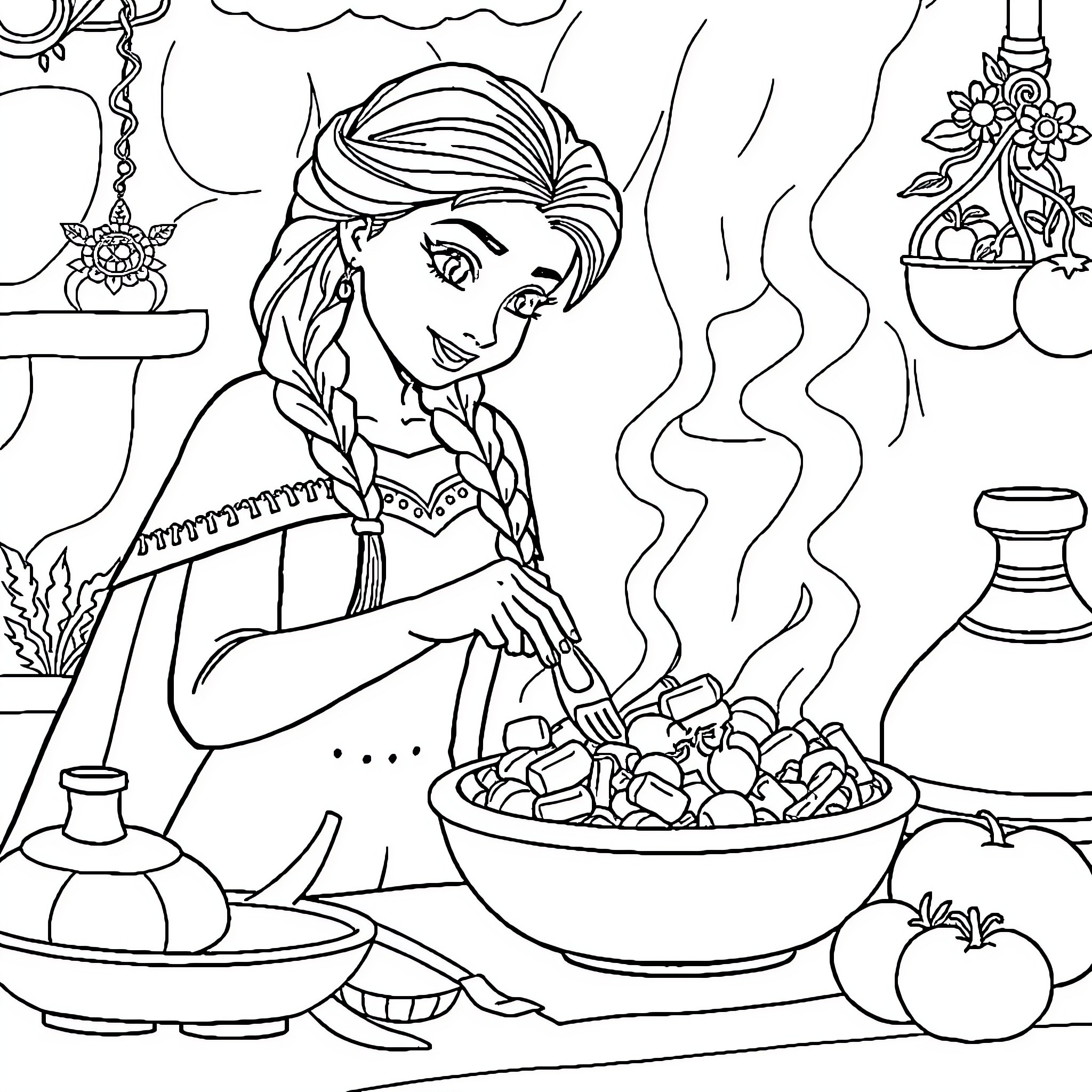 Frozen Feast - A Winter Kitchen Scene Coloring Page (free black-and-white line drawing printable PDF for all, from beginners to advanced learners, including children, teens, adults, and seniors)