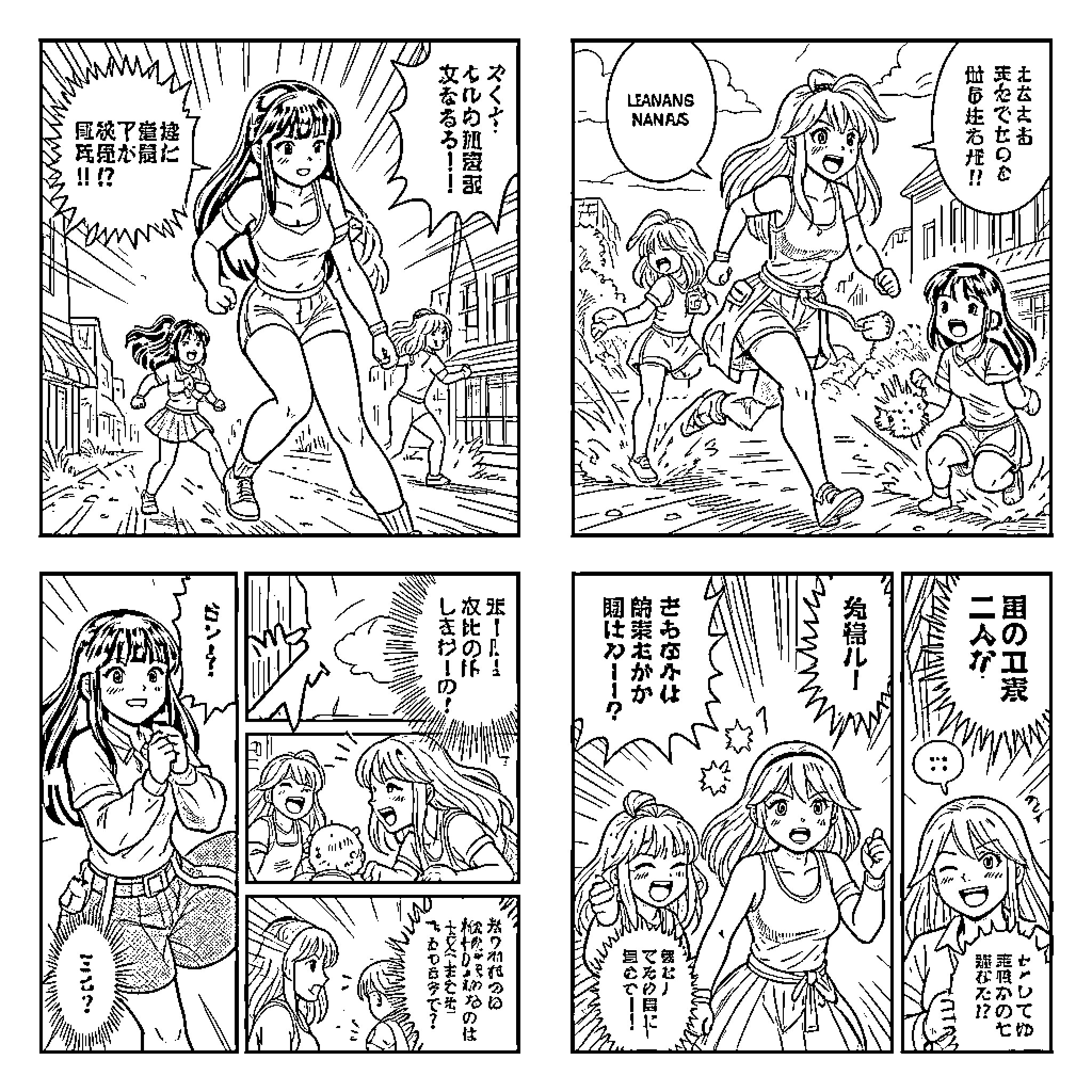 Powerpuff Girls style characters interacting in a manga scene Coloring Page (free black-and-white line drawing printable PDF for all, from beginners to advanced learners, including children, teens, adults, and seniors)