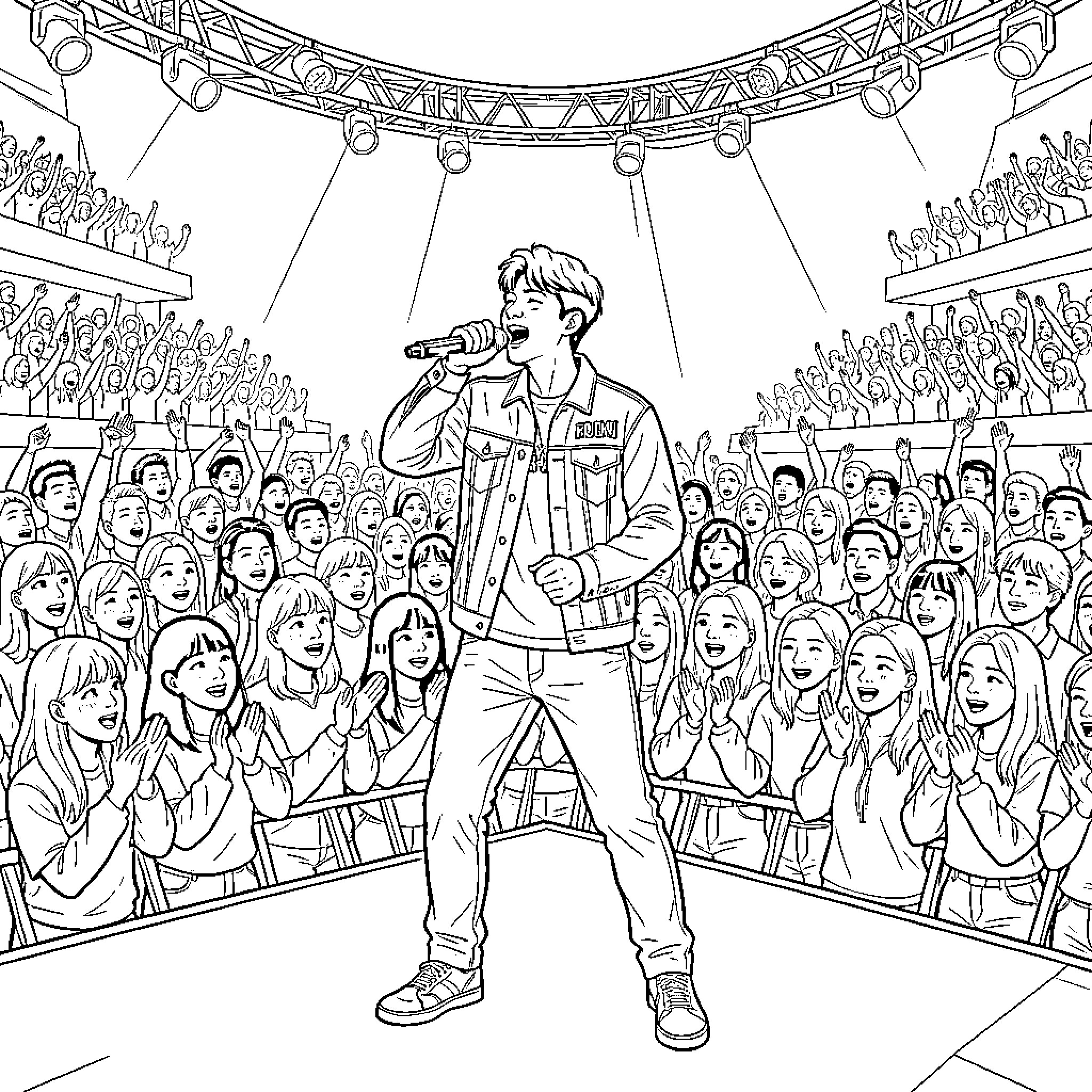 Romi singing passionately for an enthusiastic crowd Coloring Page (free black-and-white line drawing printable PDF for all, from beginners to advanced learners, including children, teens, adults, and seniors)