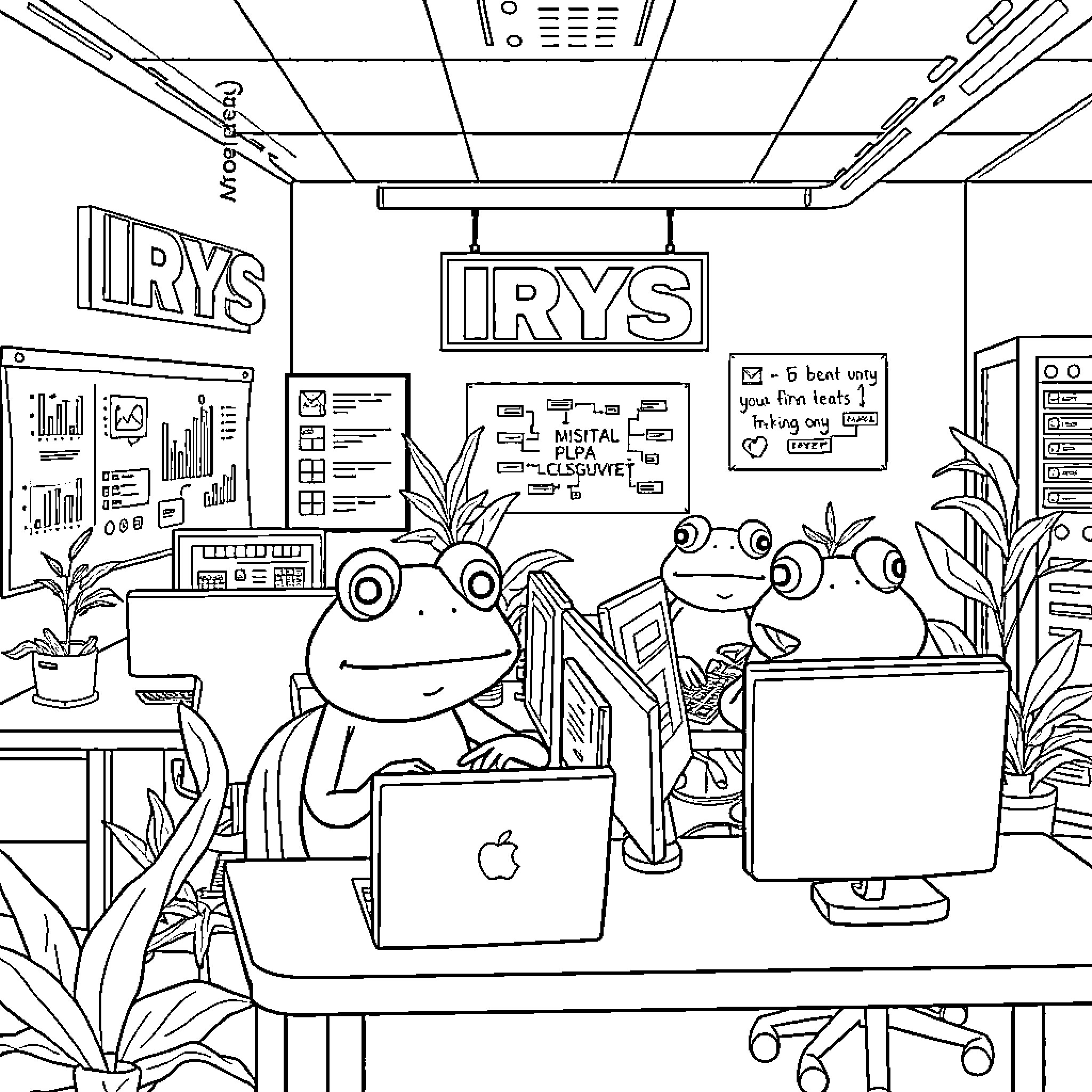 Pepe the frog working diligently in the tech office Coloring Page (free black-and-white line drawing printable PDF for all, from beginners to advanced learners, including children, teens, adults, and seniors)