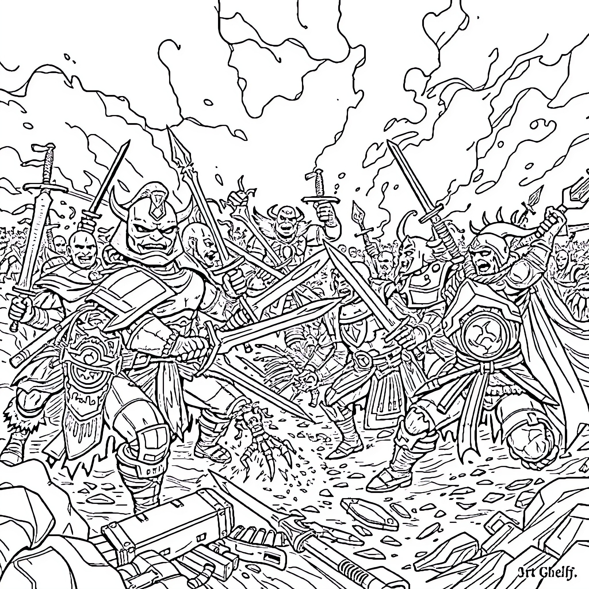 World of Warcraft: Epic Battle of Heroic Fighters Coloring Page (free black-and-white line drawing printable PDF for all, from beginners to advanced learners, including children, teens, adults, and seniors)