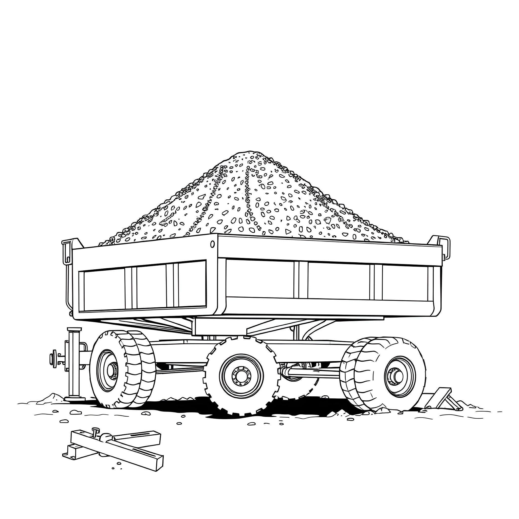 Dump Trailer Hauling Material on Rough Terrain Coloring Page (free black-and-white line drawing printable PDF for all, from beginners to advanced learners, including children, teens, adults, and seniors)