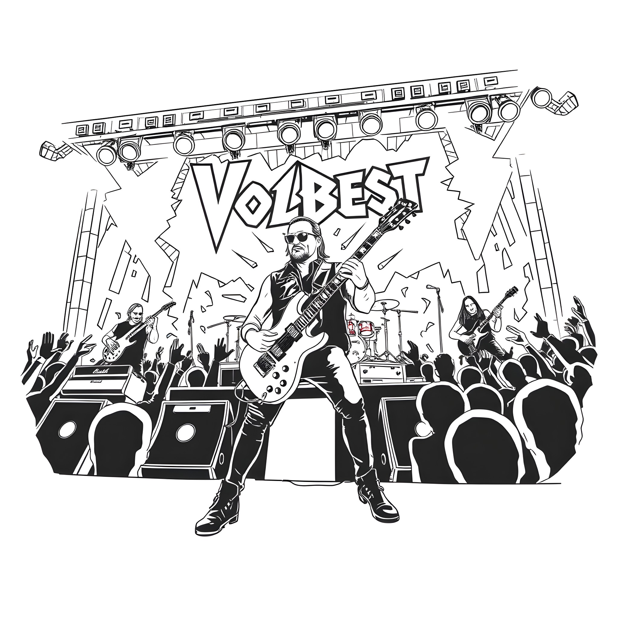 Volbeat Performing on Stage with Energetic Crowd Coloring Page (free black-and-white line drawing printable PDF for all, from beginners to advanced learners, including children, teens, adults, and seniors)