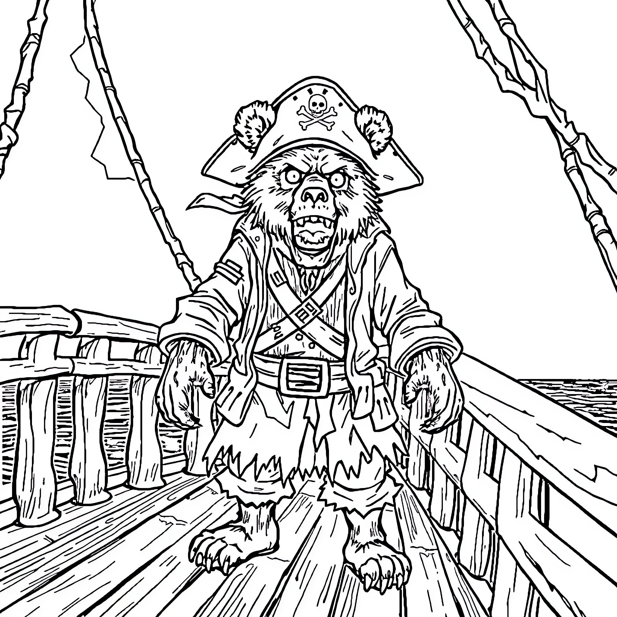Zombie Pirate Wreaking Havoc on Ship's Deck Coloring Page (free black-and-white line drawing printable PDF for all, from beginners to advanced learners, including children, teens, adults, and seniors)