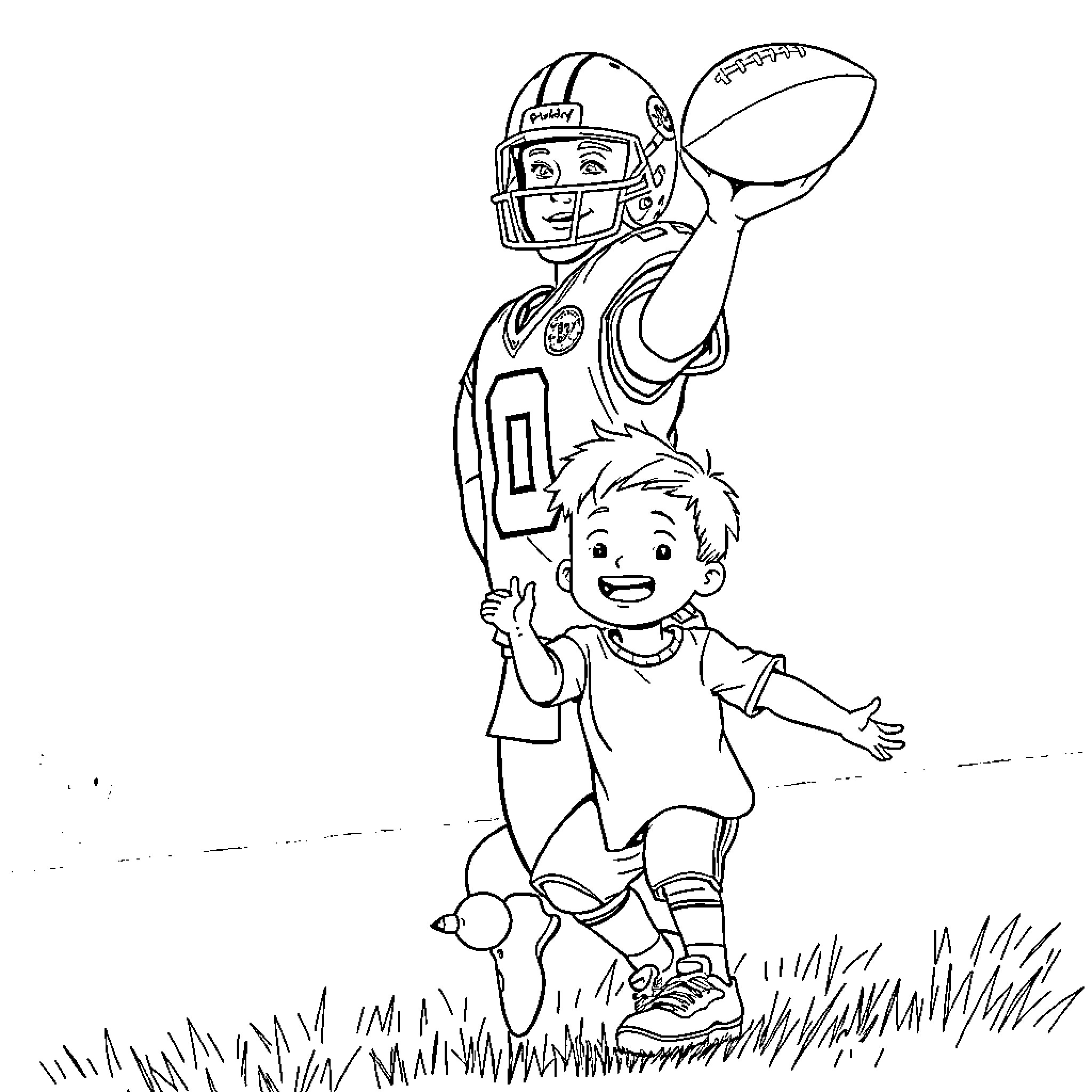 Patrick Mahomes playing football with a young fan Coloring Page (free black-and-white line drawing printable PDF for all, from beginners to advanced learners, including children, teens, adults, and seniors)
