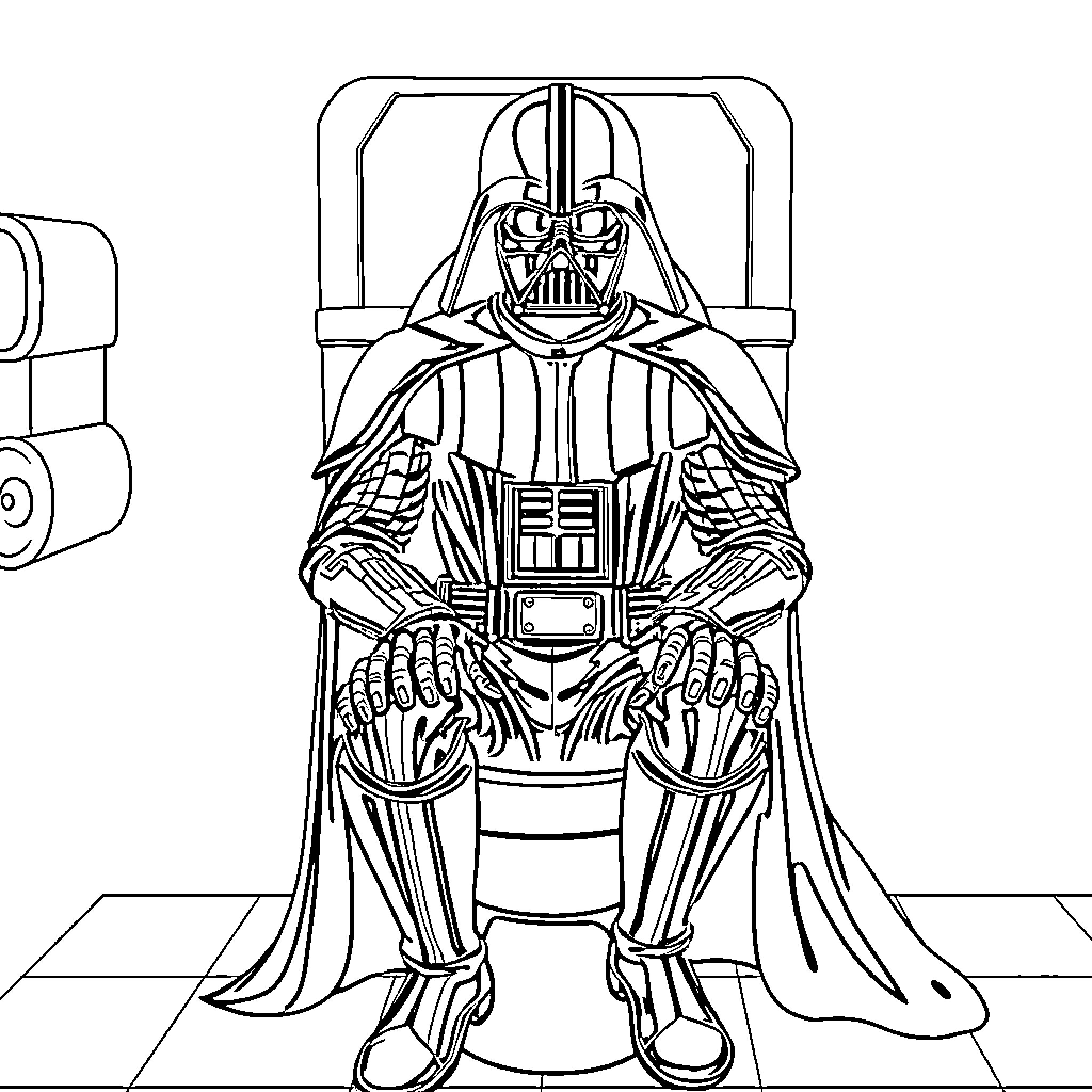 Dart Vader seated in an imposing throne Coloring Page (free black-and-white line drawing printable PDF for all, from beginners to advanced learners, including children, teens, adults, and seniors)