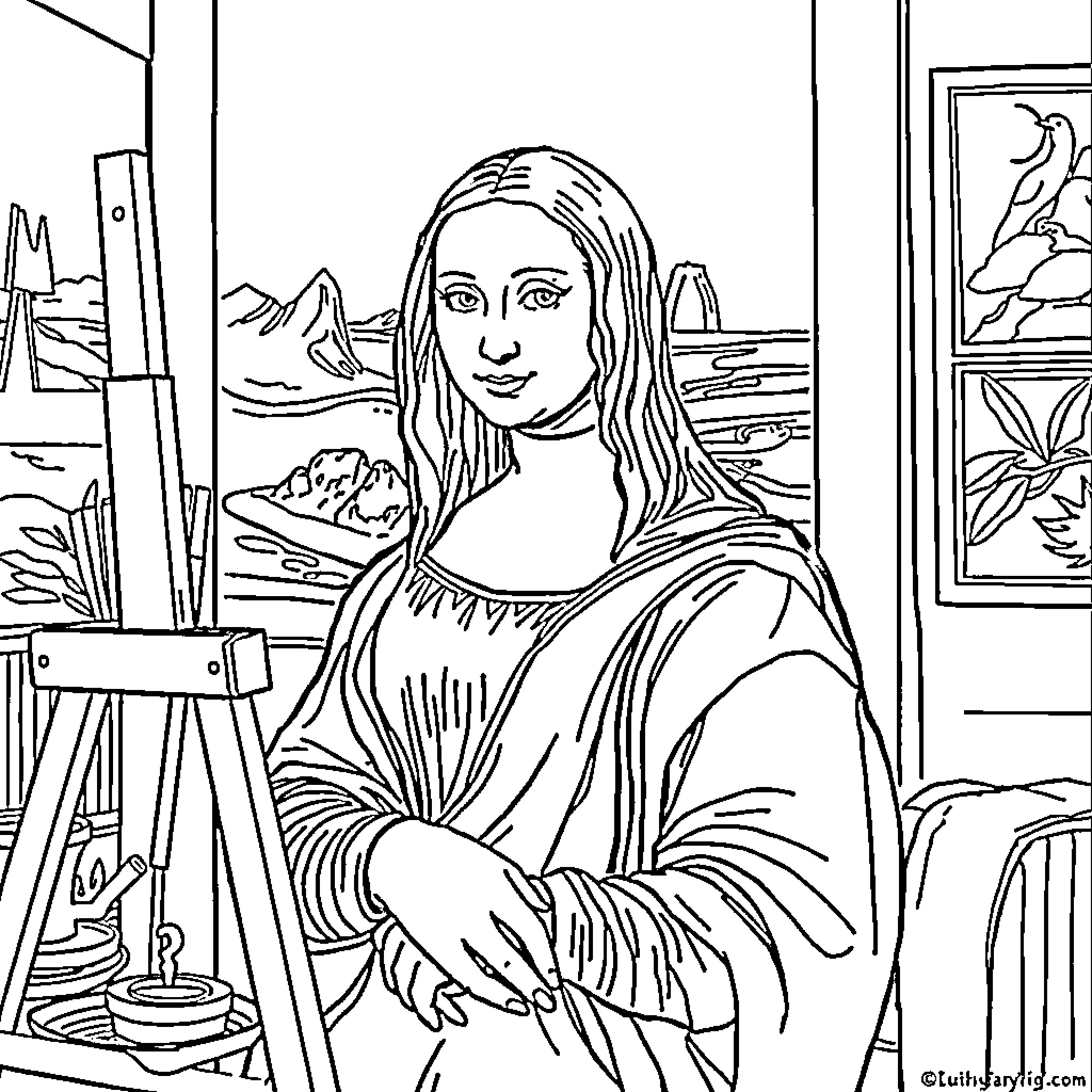 Leonardo's Mona Lisa in an Art Studio Coloring Page (free black-and-white line drawing printable PDF for all, from beginners to advanced learners, including children, teens, adults, and seniors)