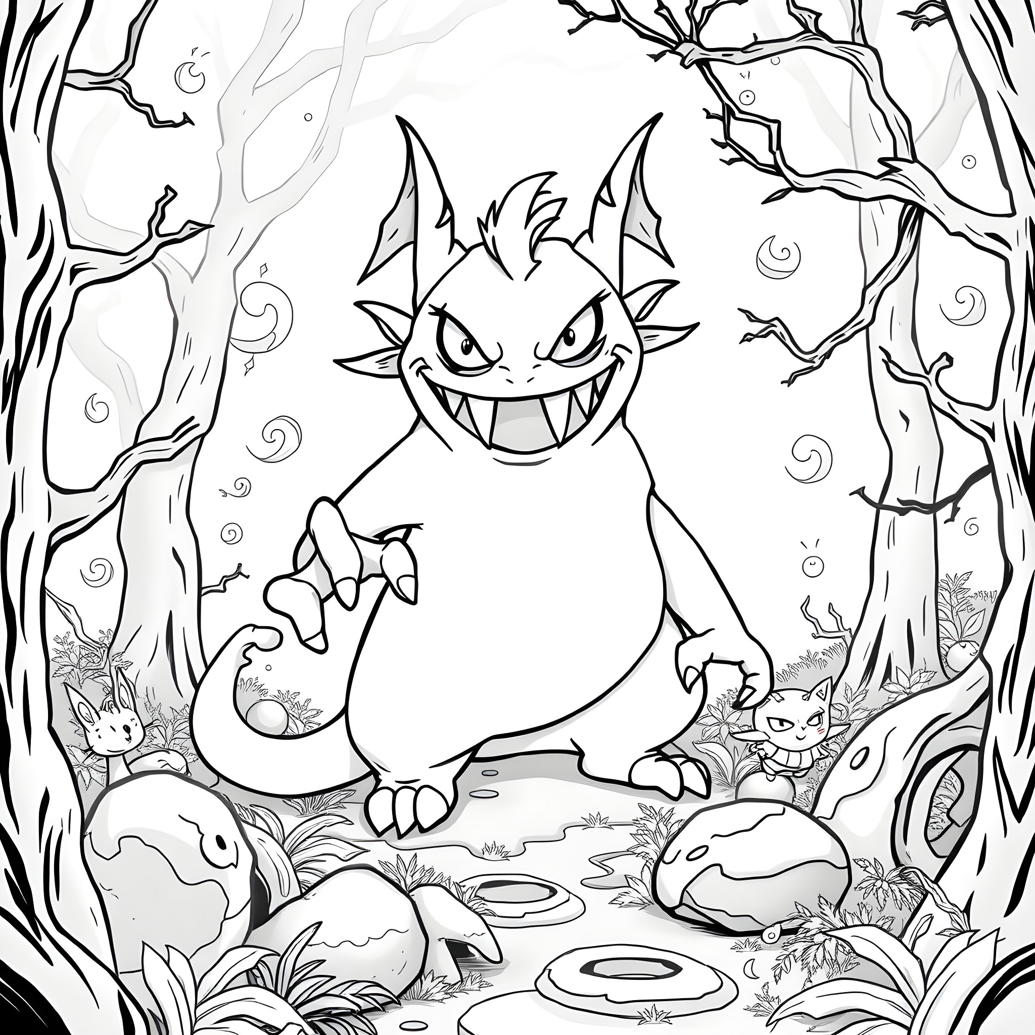 Oni Gengar surrounded by ghostly creatures in a spooky forest Coloring Page (free black-and-white line drawing printable PDF for all, from beginners to advanced learners, including children, teens, adults, and seniors)