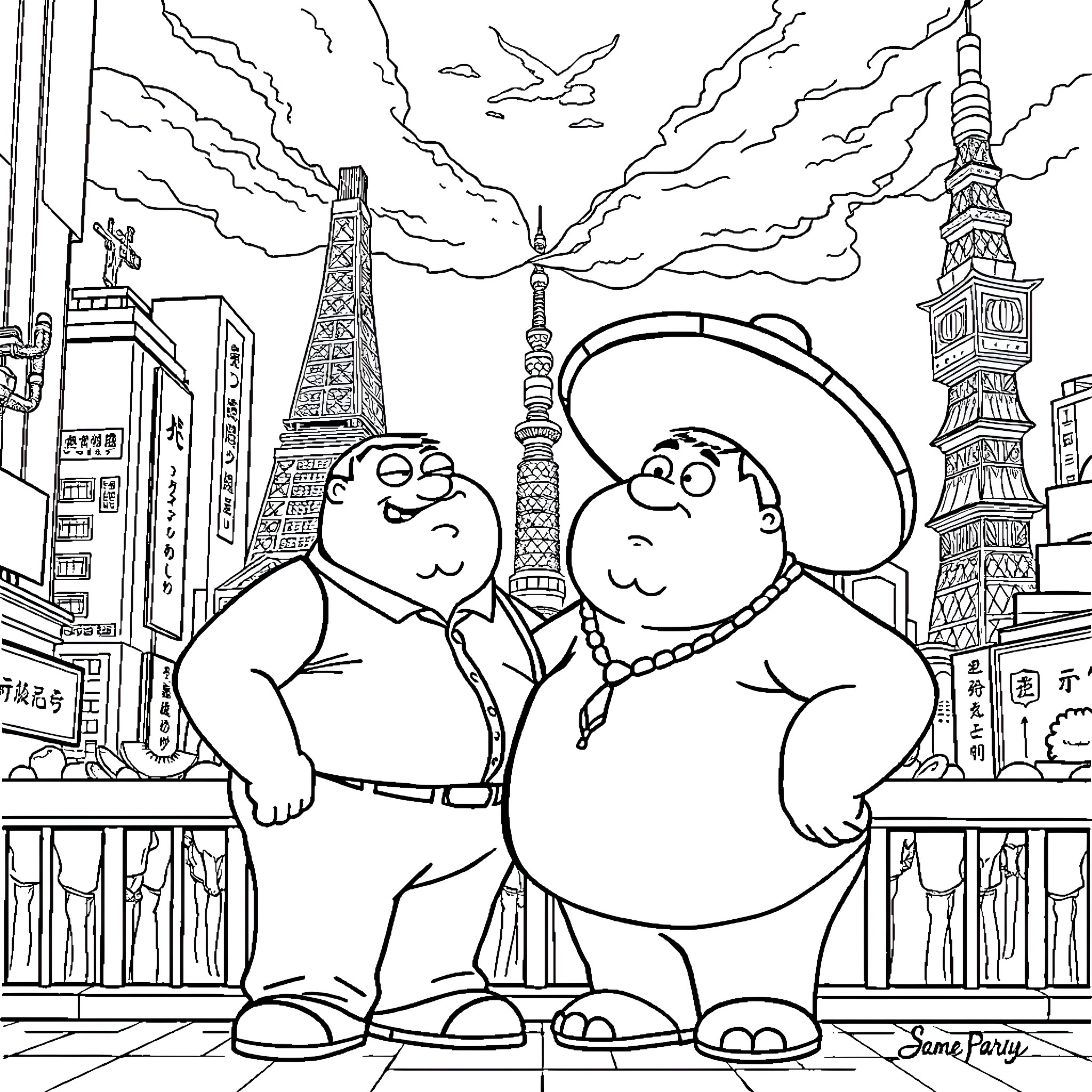 Peter Griffin and friend in city with landmarks Coloring Page (free black-and-white line drawing printable PDF for all, from beginners to advanced learners, including children, teens, adults, and seniors)