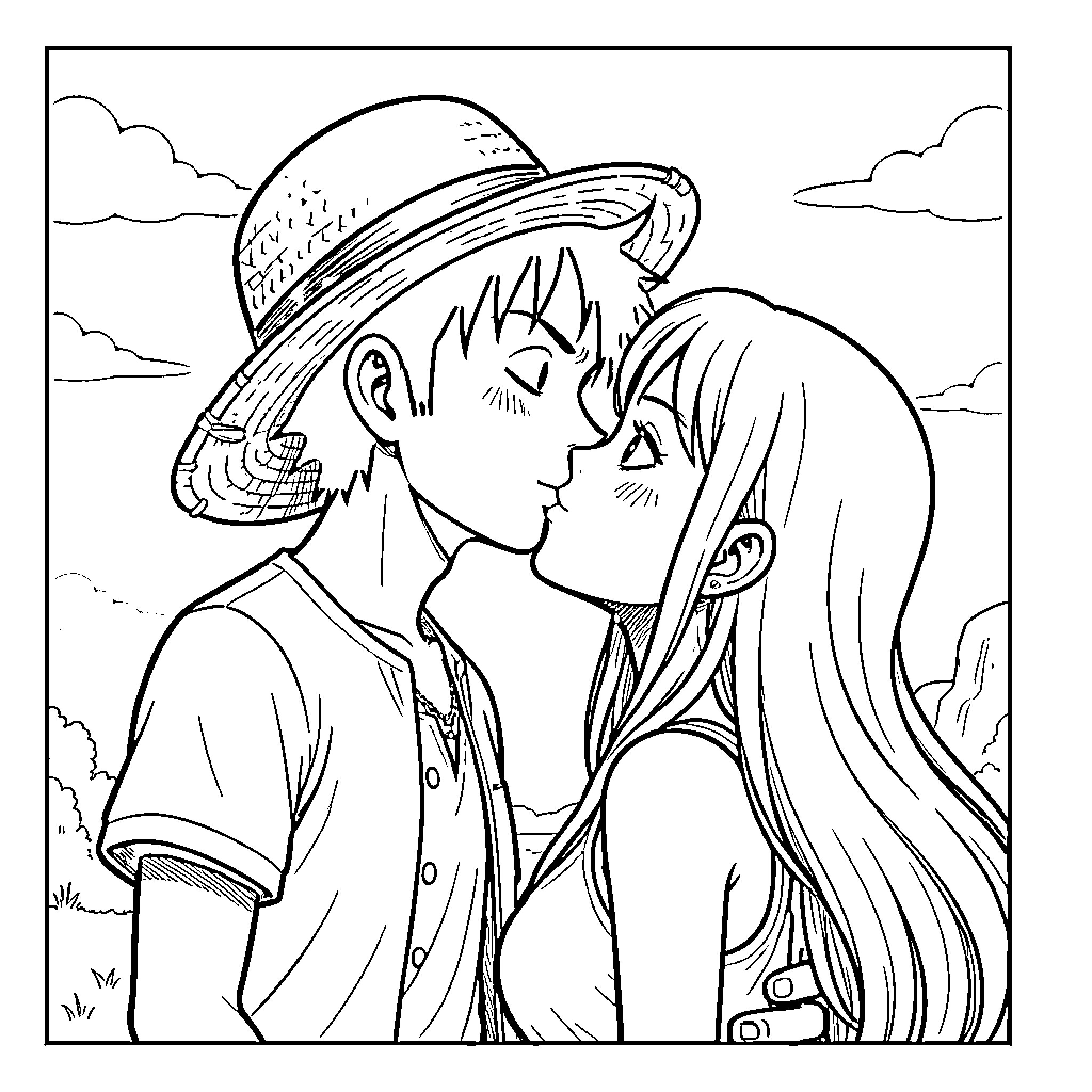 Luffy and Nami sharing a tender moment Coloring Page (free black-and-white line drawing printable PDF for all, from beginners to advanced learners, including children, teens, adults, and seniors)