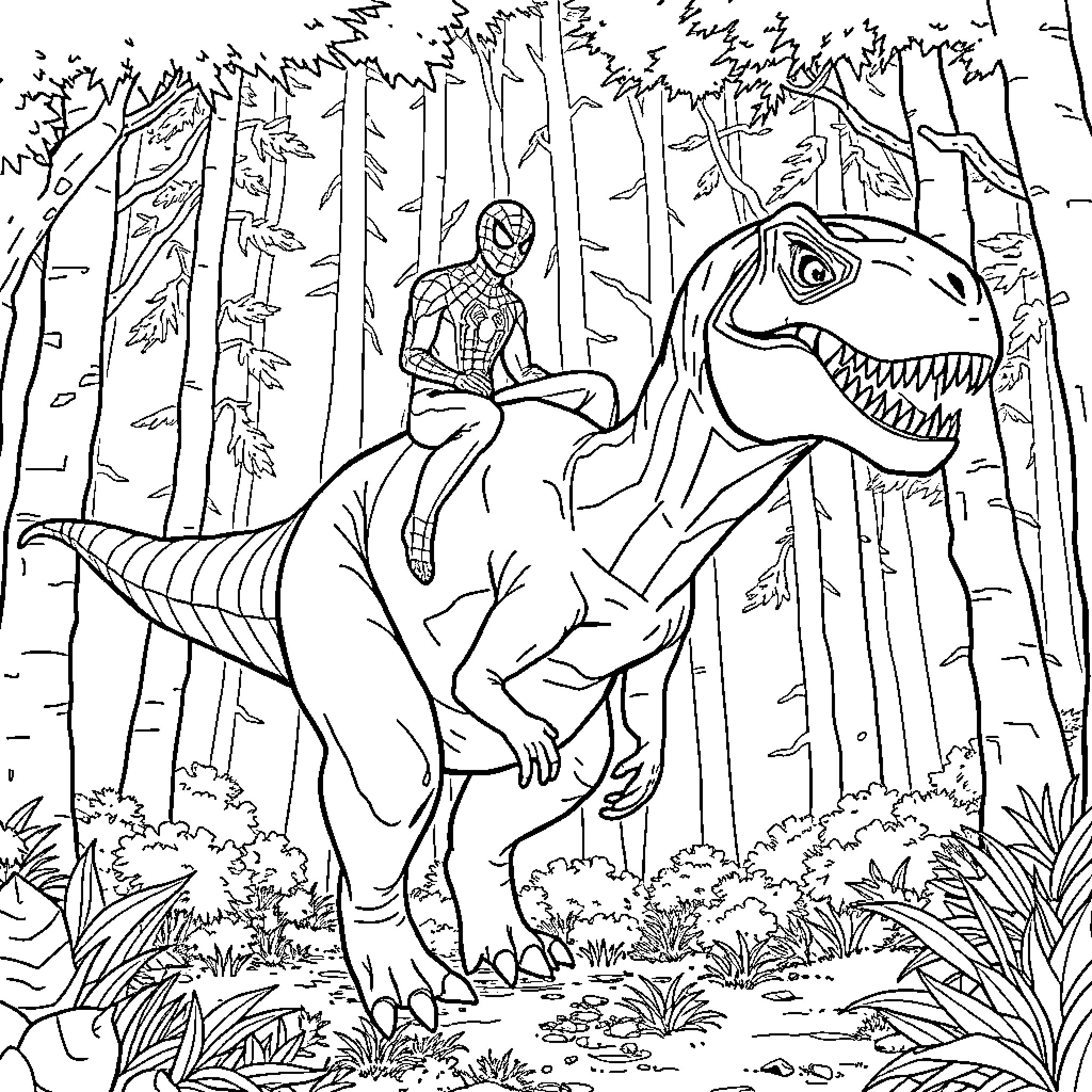 Spiderman riding a large dinosaur through a forest Coloring Page (free black-and-white line drawing printable PDF for all, from beginners to advanced learners, including children, teens, adults, and seniors)