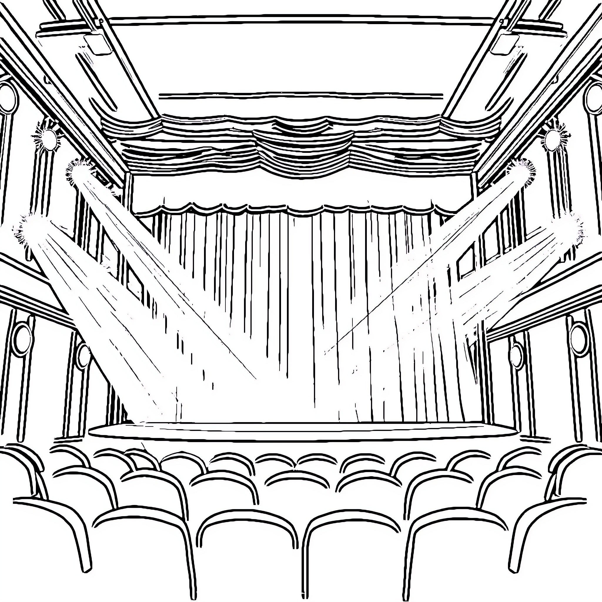 Stage Lights Illuminating the Theatrical Scene Coloring Page (free black-and-white line drawing printable PDF for all, from beginners to advanced learners, including children, teens, adults, and seniors)