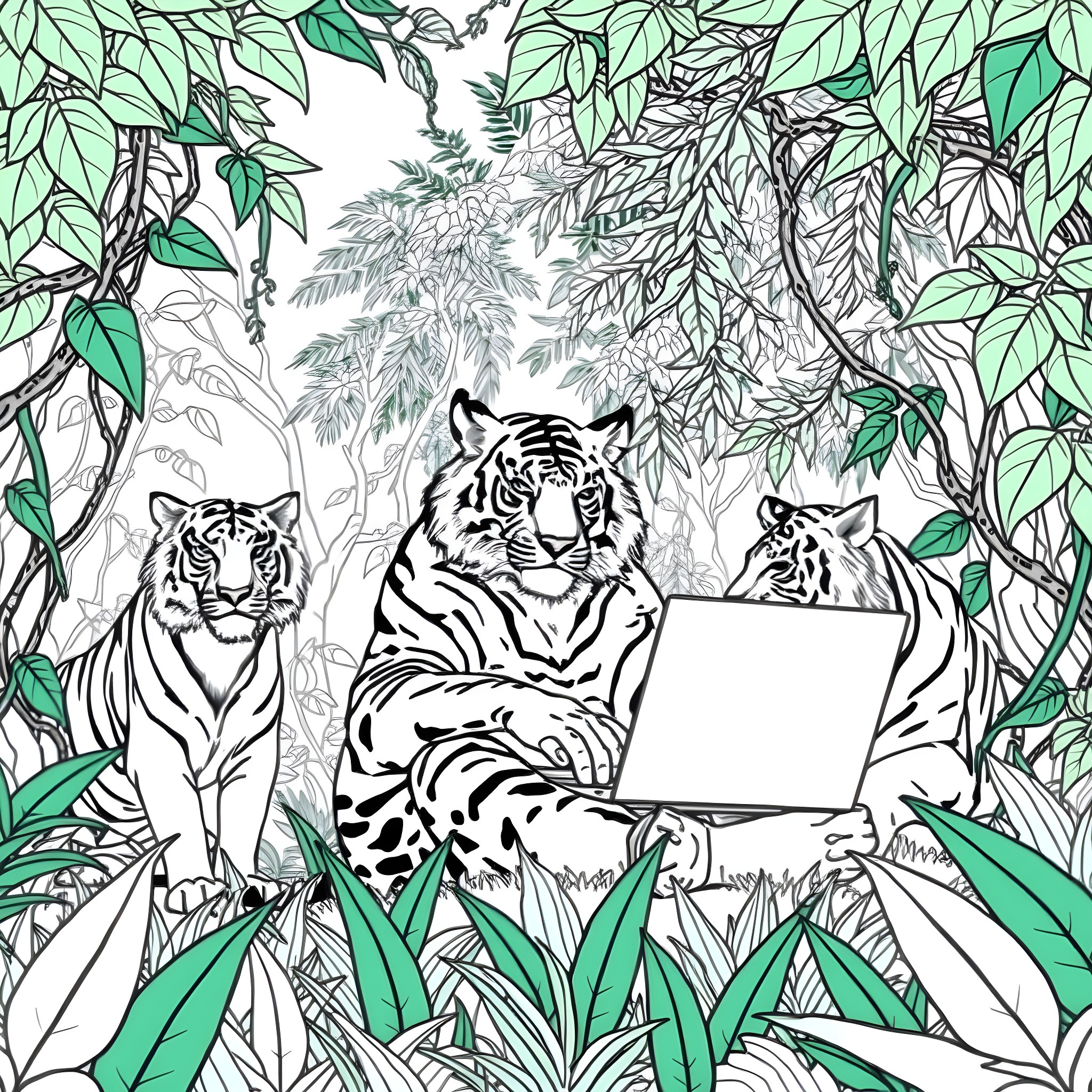 Tigers Posing in the Lush Jungle Foliage Coloring Page (free black-and-white line drawing printable PDF for all, from beginners to advanced learners, including children, teens, adults, and seniors)