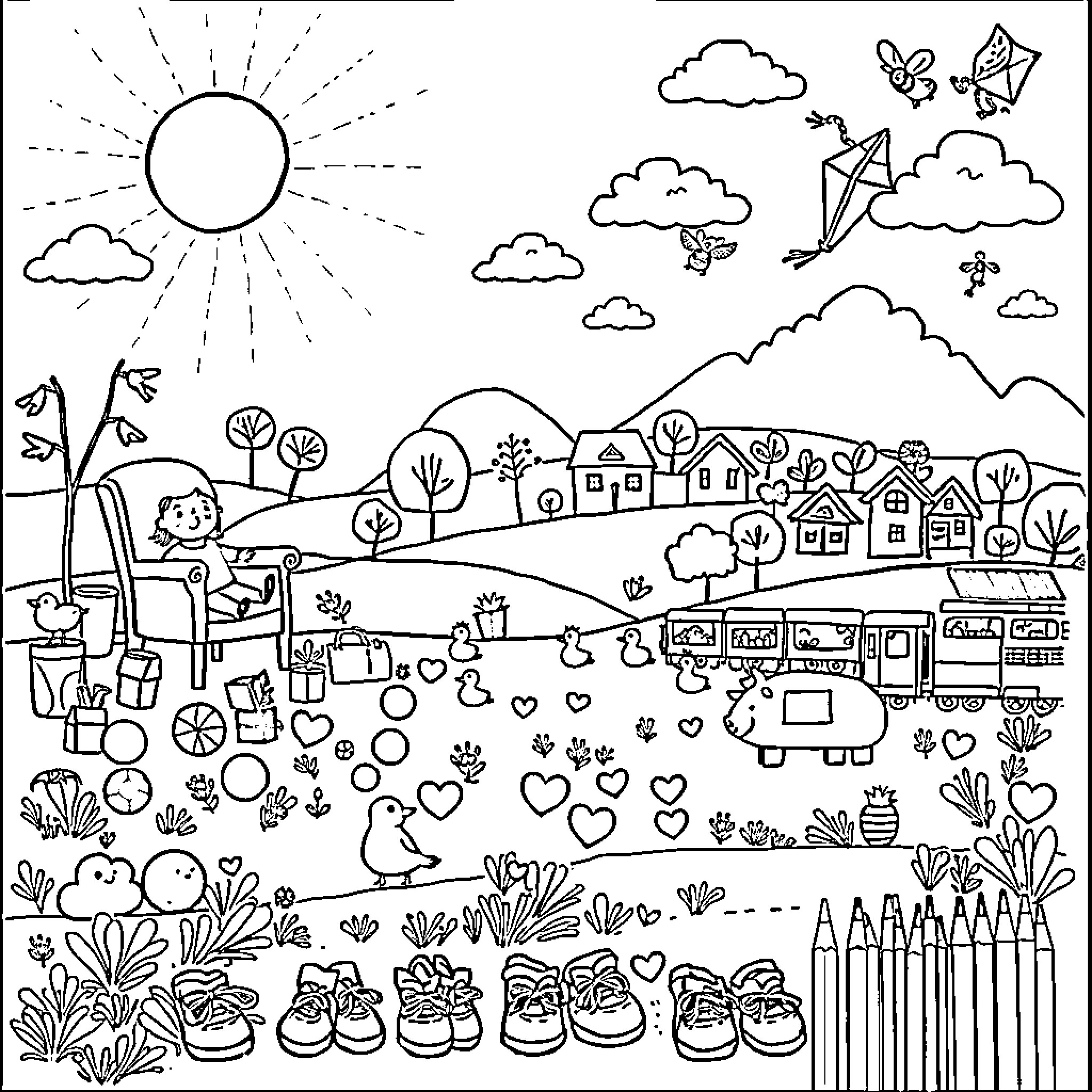 Sun shining on a cheerful, whimsical outdoor scene Coloring Page (free black-and-white line drawing printable PDF for all, from beginners to advanced learners, including children, teens, adults, and seniors)
