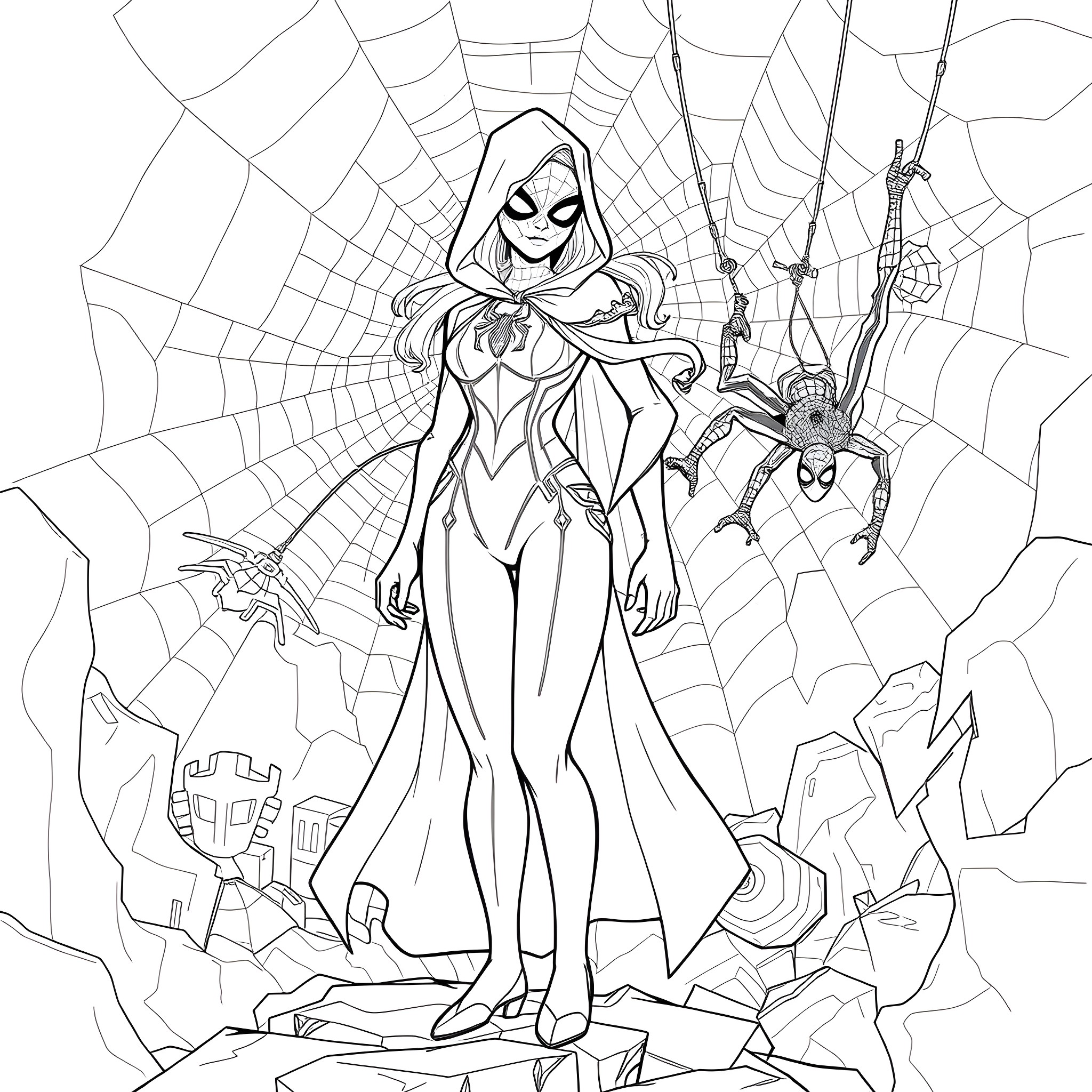 Spider Girl in Action Pose with Web Backdrop Coloring Page (free black-and-white line drawing printable PDF for all, from beginners to advanced learners, including children, teens, adults, and seniors)