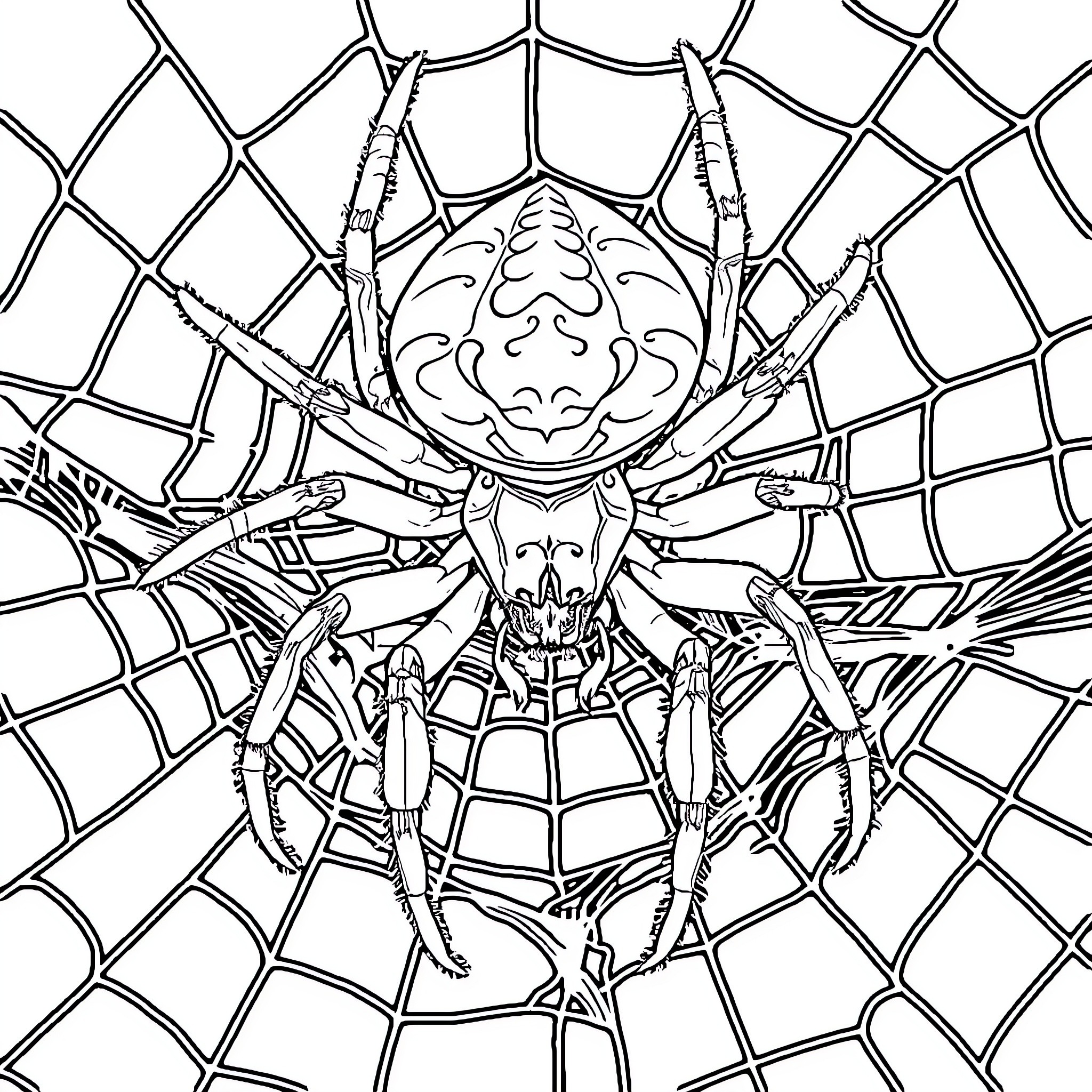 Spider crawling on a web Coloring Page (free black-and-white line drawing printable PDF for all, from beginners to advanced learners, including children, teens, adults, and seniors)