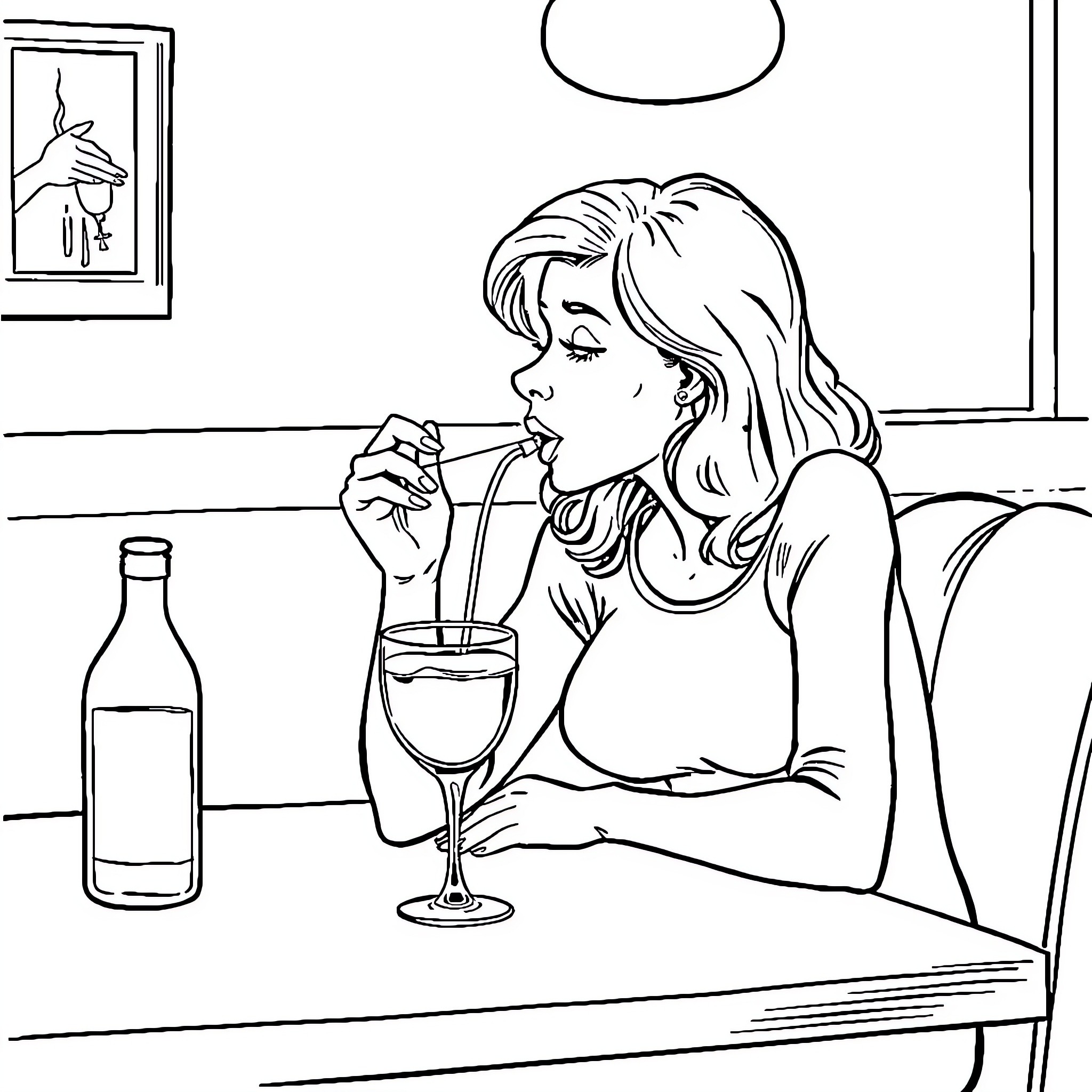 Lady enjoys a drink at the bar Coloring Page (free black-and-white line drawing printable PDF for all, from beginners to advanced learners, including children, teens, adults, and seniors)