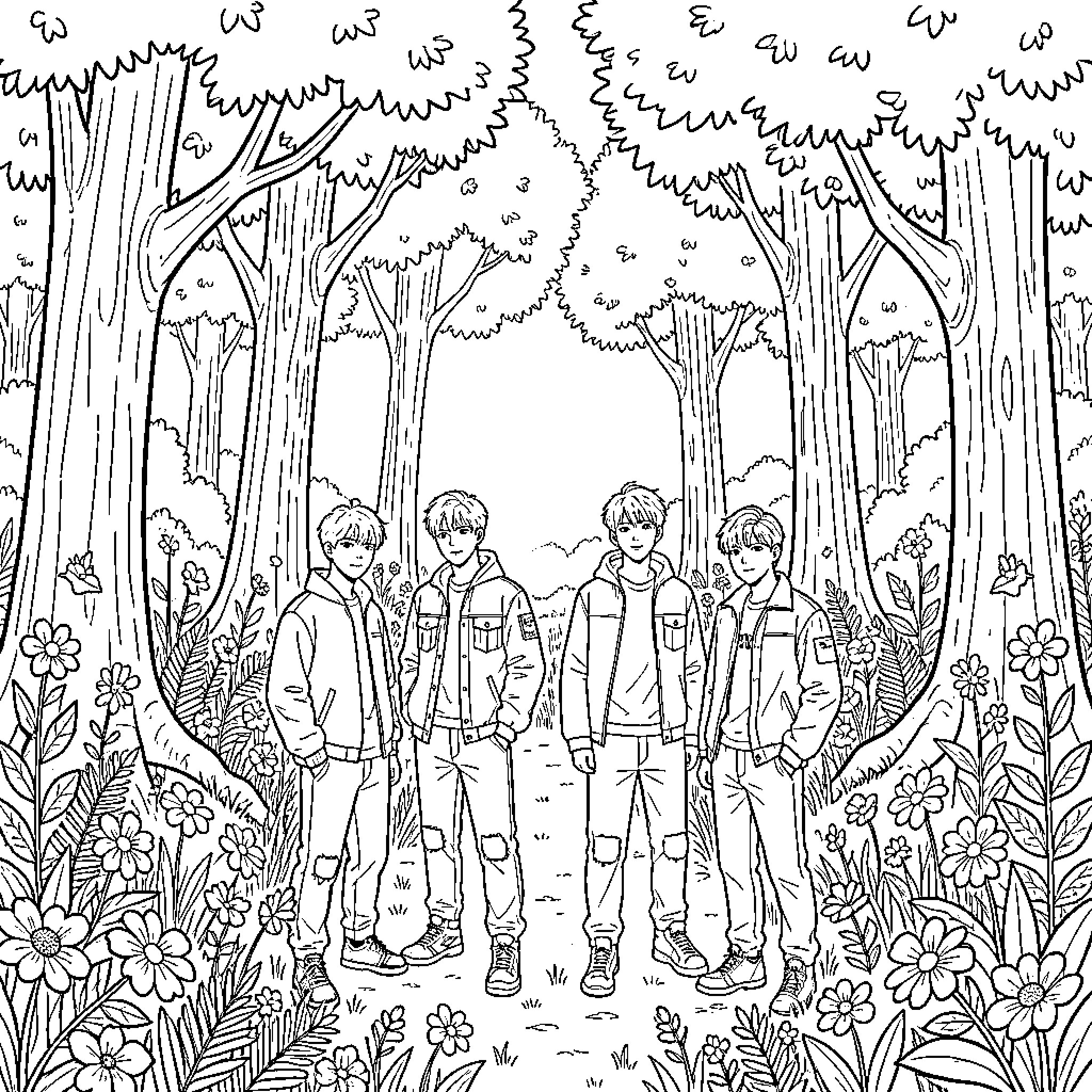 K Pop Saja Boy Group in the Enchanted Forest Coloring Page (free black-and-white line drawing printable PDF for all, from beginners to advanced learners, including children, teens, adults, and seniors)
